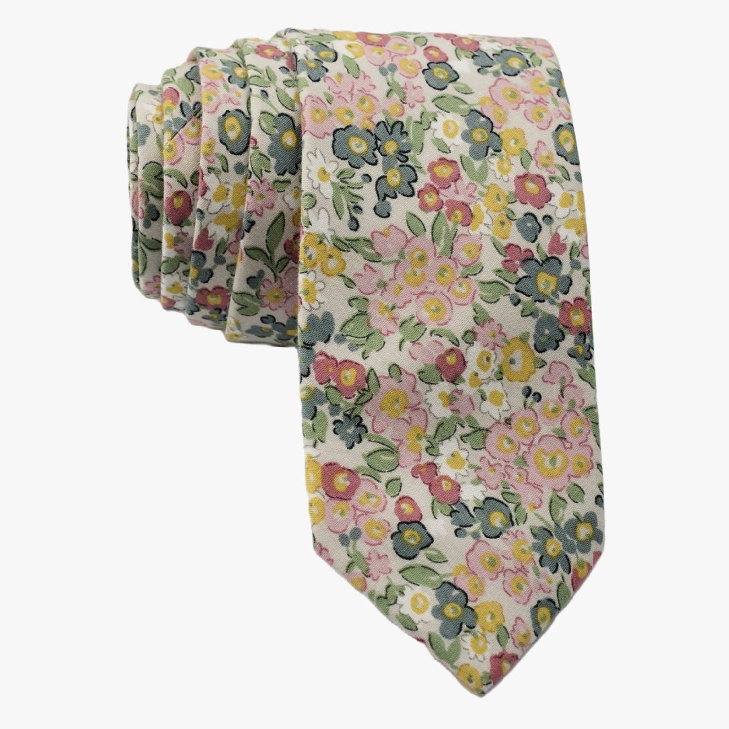 Fall floral necktie for men with small pink flowers, teal petals, yellow blossoms and green leaves on offwhite cotton fabric.