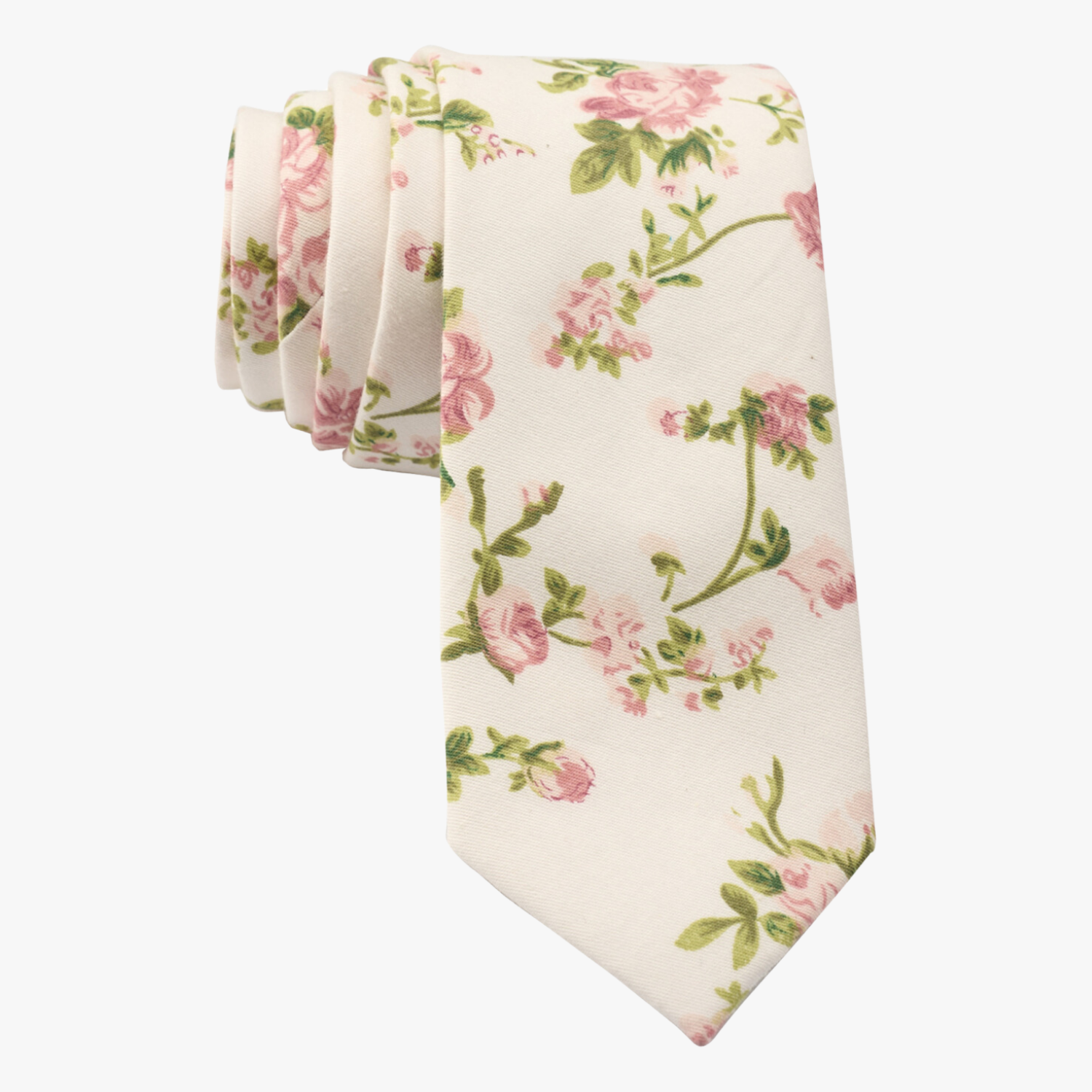 Floral necktie for men with light pink pastel flowers, pale stems, and light green leaves on beige off-white cotton fabric.