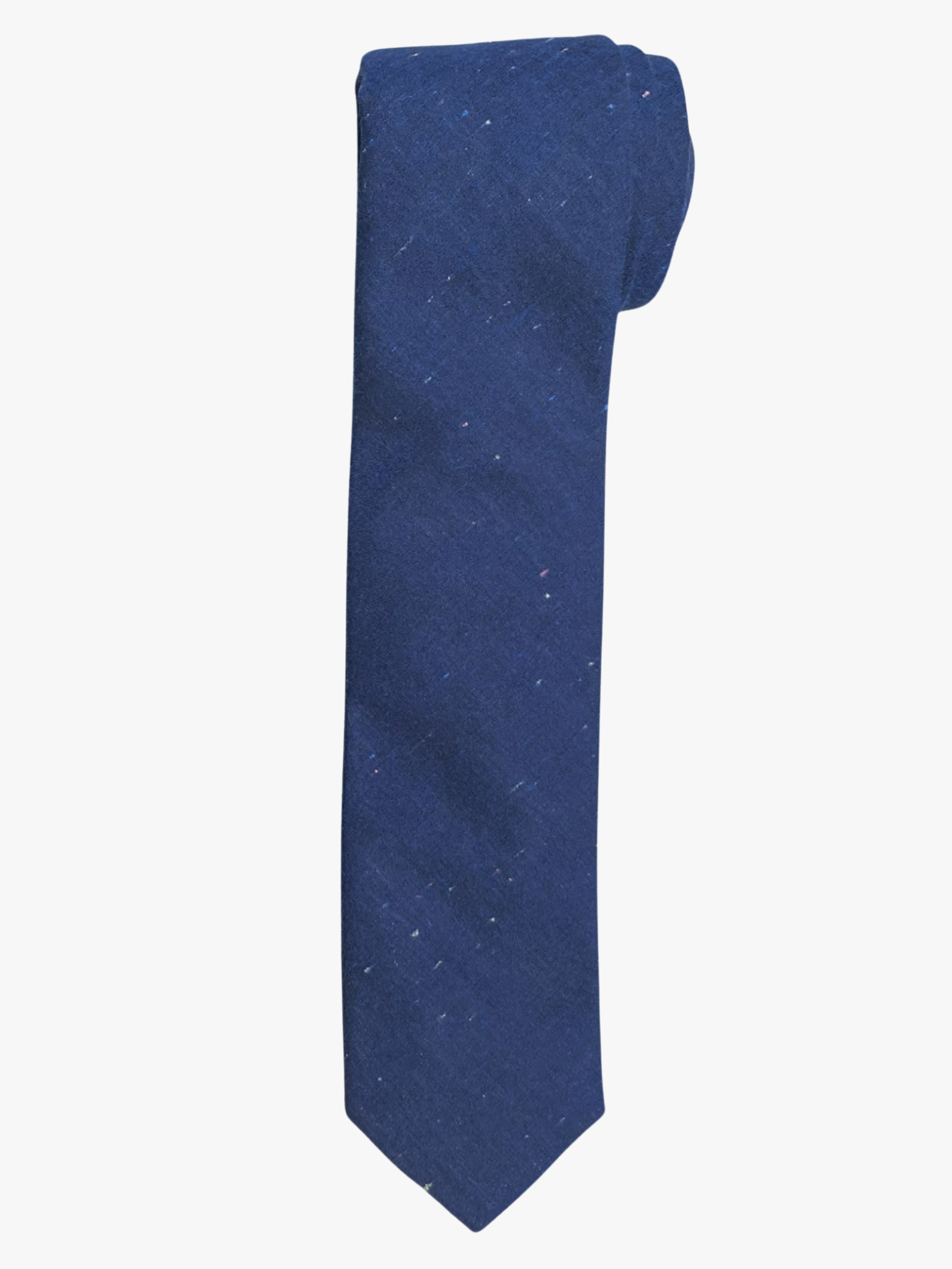A rolled up unisex multicolor and navy solid speckled cotton necktie for teens, missionaries, men, and women.