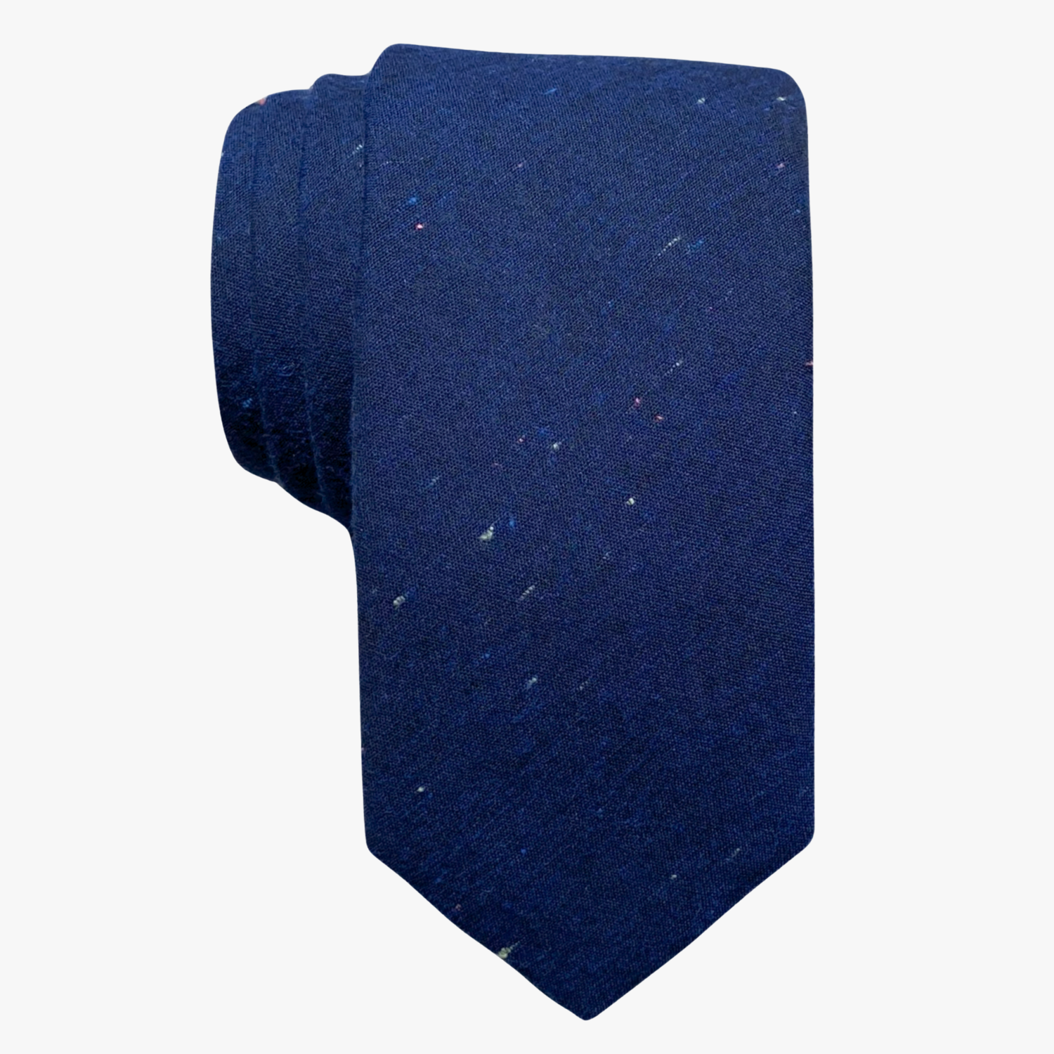 Adult mens cotton solid speckled tie with multi color spots and dots on navy fabric, and a soft feel.