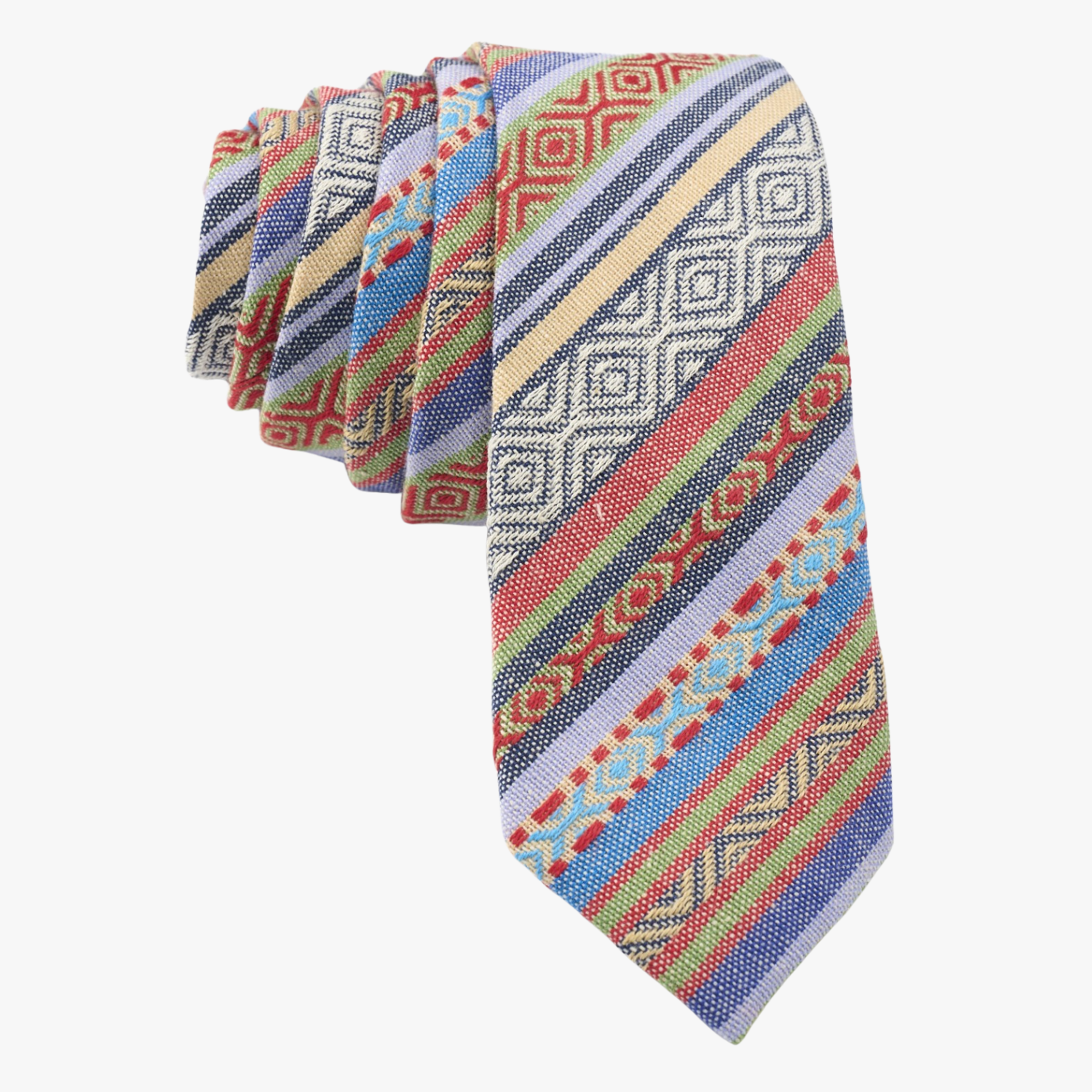 Adult mens striped tie with red stripe, green lines, blue bars, zig zag designs and Mexican fiesta or Latin American style.