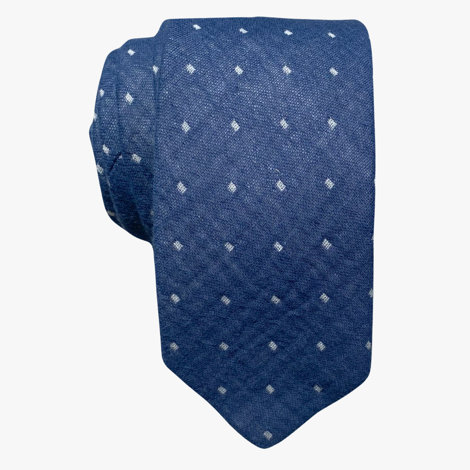 Adult mens cotton polka dot tie with navy blue fabric and a geometric white dot pattern, and a soft feel.