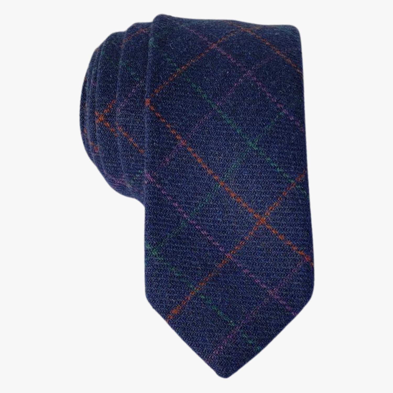 Adult mens cotton plaid tie with navy blue fabric and criss-cross red, green, and purple lines in a grid pattern.