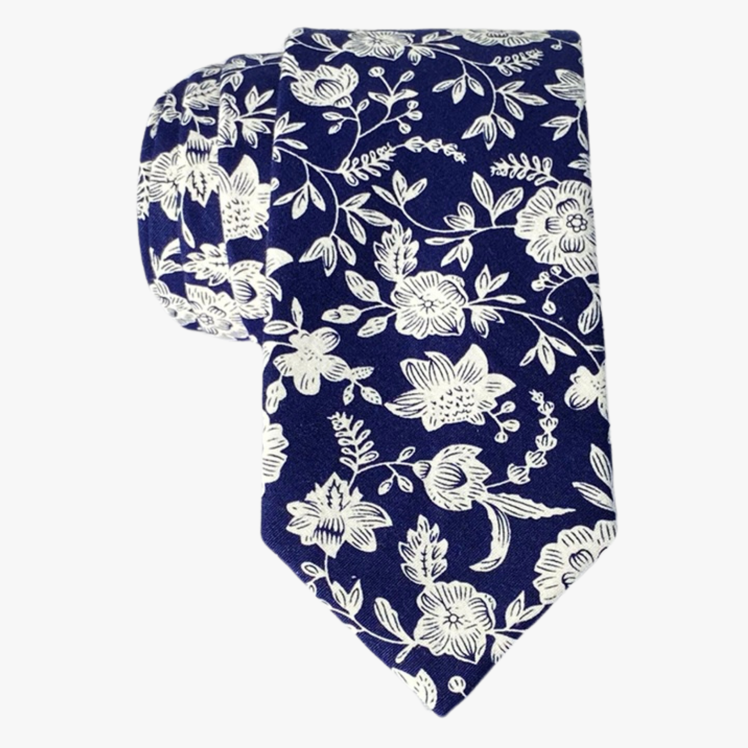 A mens navy blue cotton floral tie with white flowers and vines remenisicent of fine china, delftware, or talevera pottery.