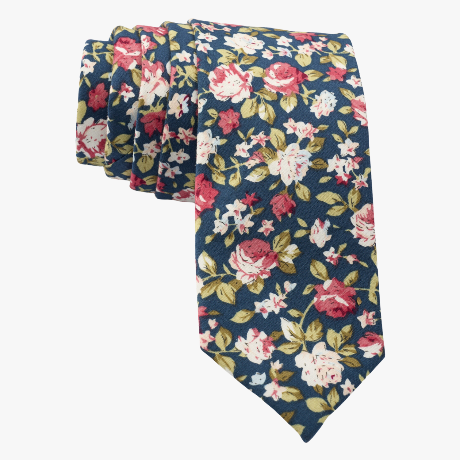 Floral necktie for men with red rose flowers, pink petals, light blossoms and pale green leaves on navy blue cotton fabric.
