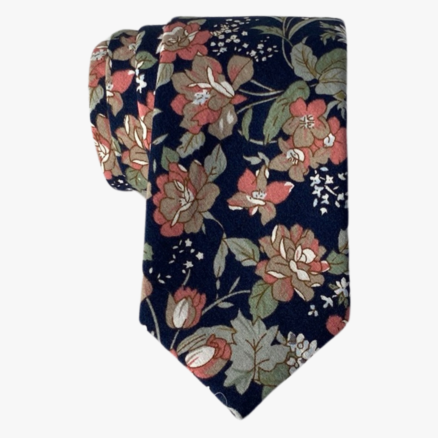 A mens deep navy blue tie with muted pink and brown flowers accented by pastel sage green leaves and small white flowers.