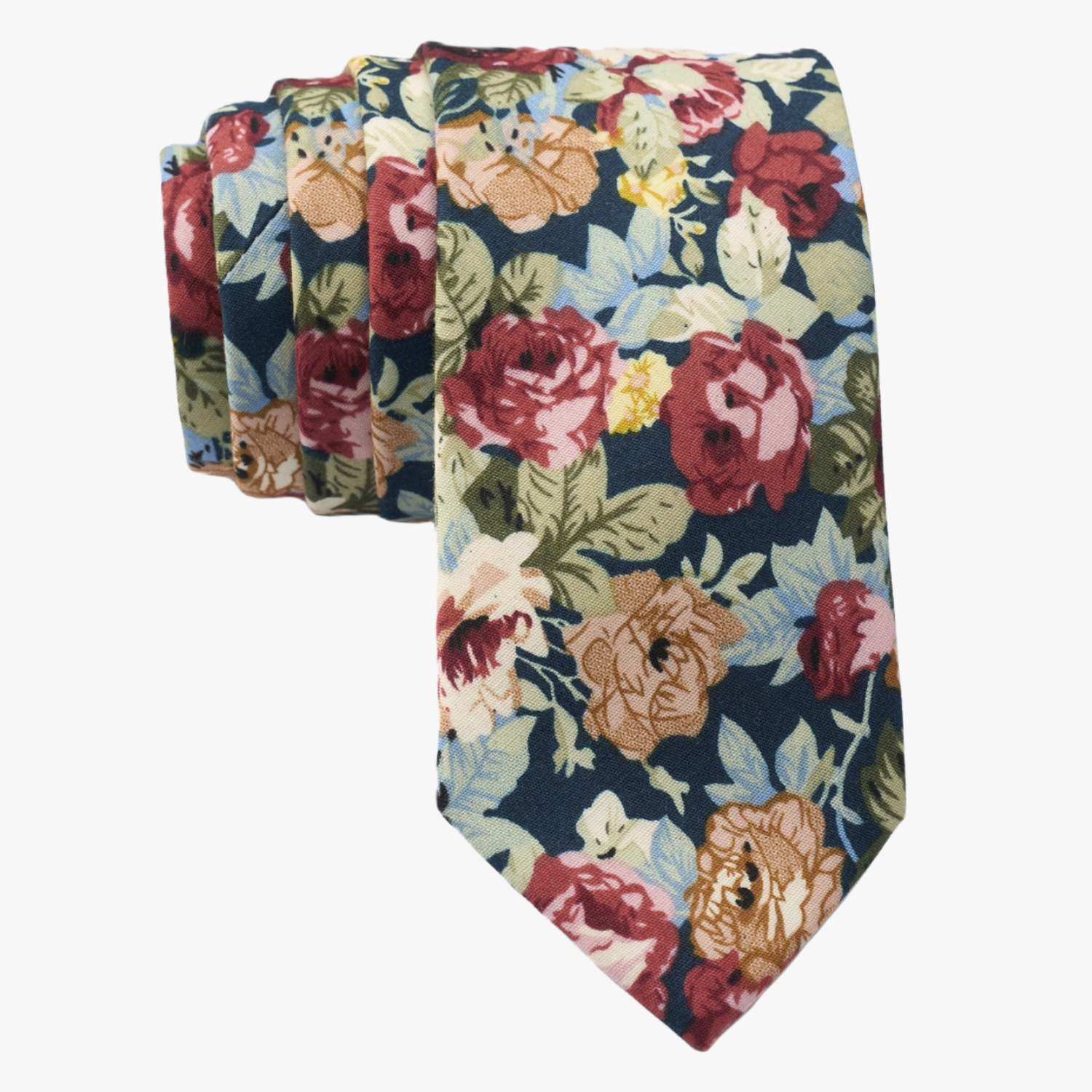 Floral necktie for men with dark red flowers, burnt orange petals, rose blossoms and light green leaves on navy blue fabric.