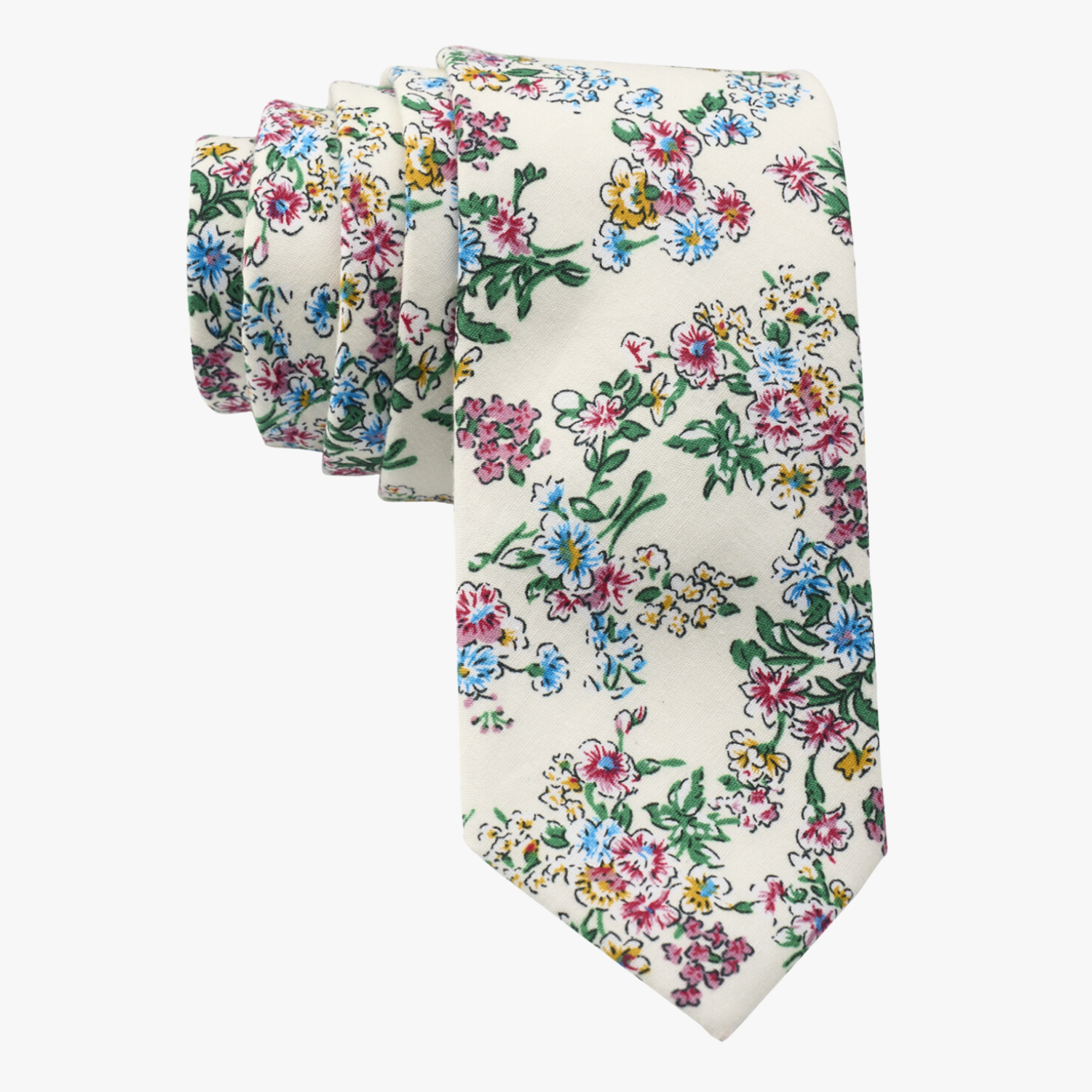 Floral necktie for men with watercolor turquoise flowers, pink and yellow blossoms, and green leaves on white cotton fabric.