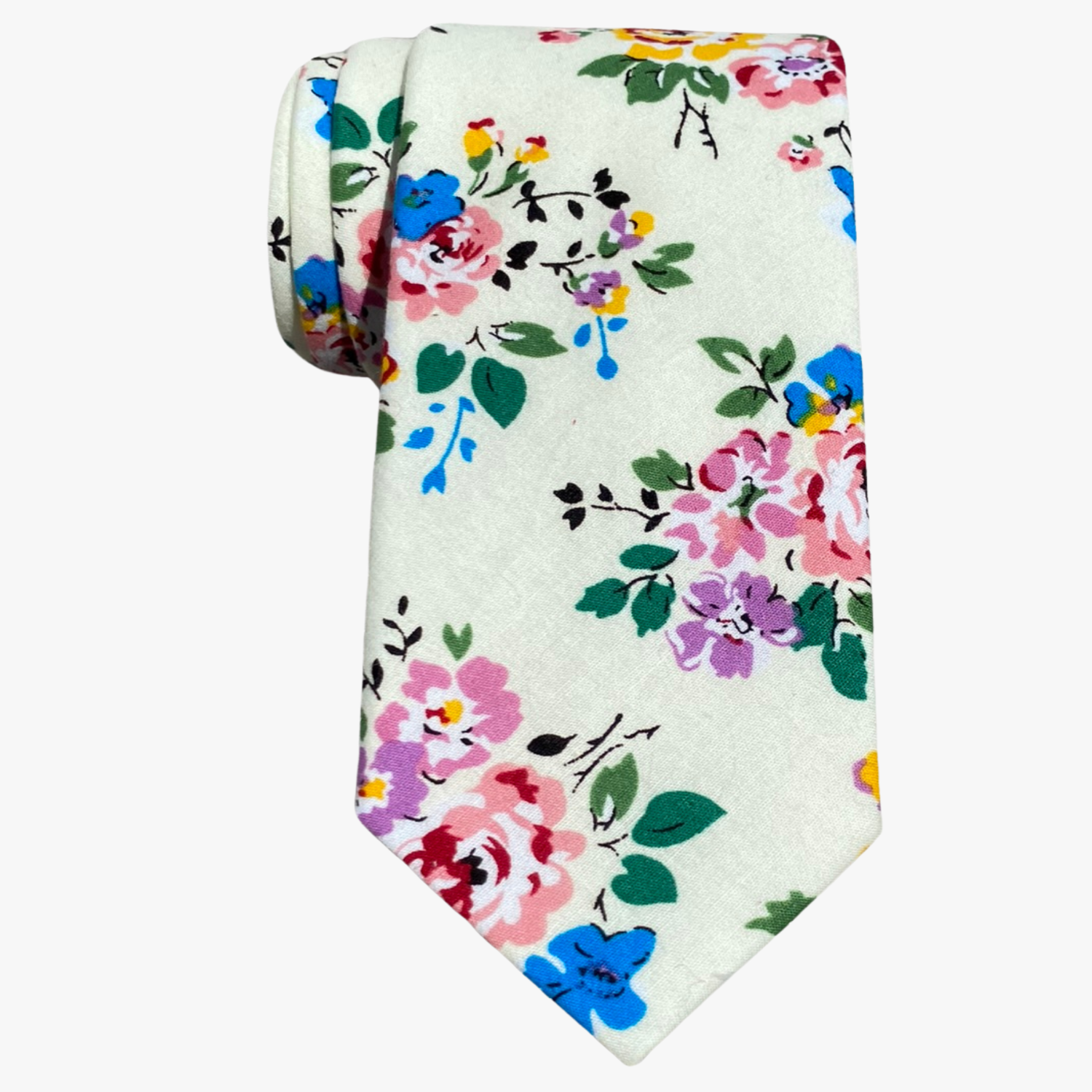 An adult off-white, green-tinted floral tie featuring bold blue flowers and pink roses with green leaves.