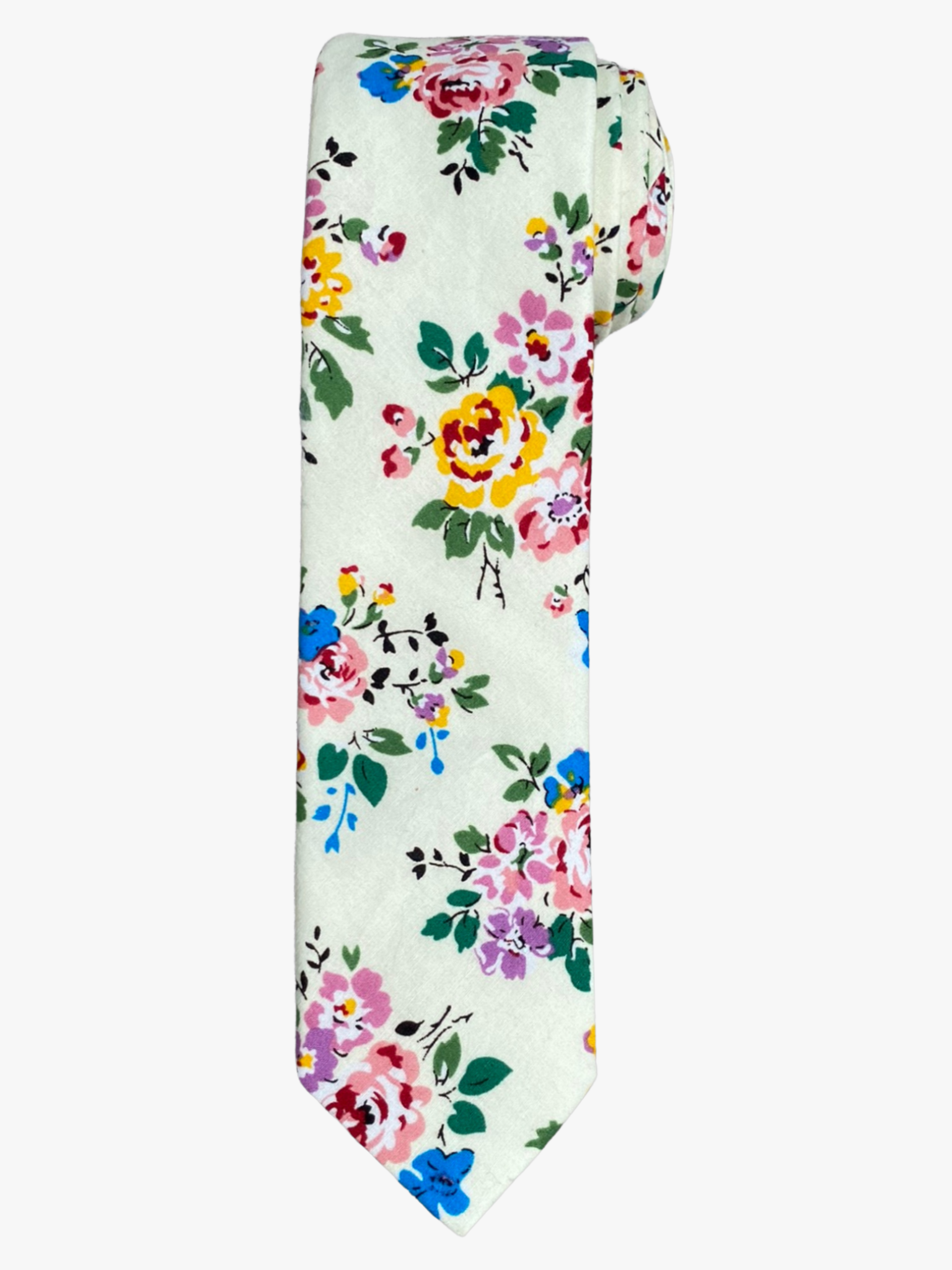 A rolled up unisex dark green, blue, yellow, and lavender floral cotton necktie for teens, missionaries, men, and women.