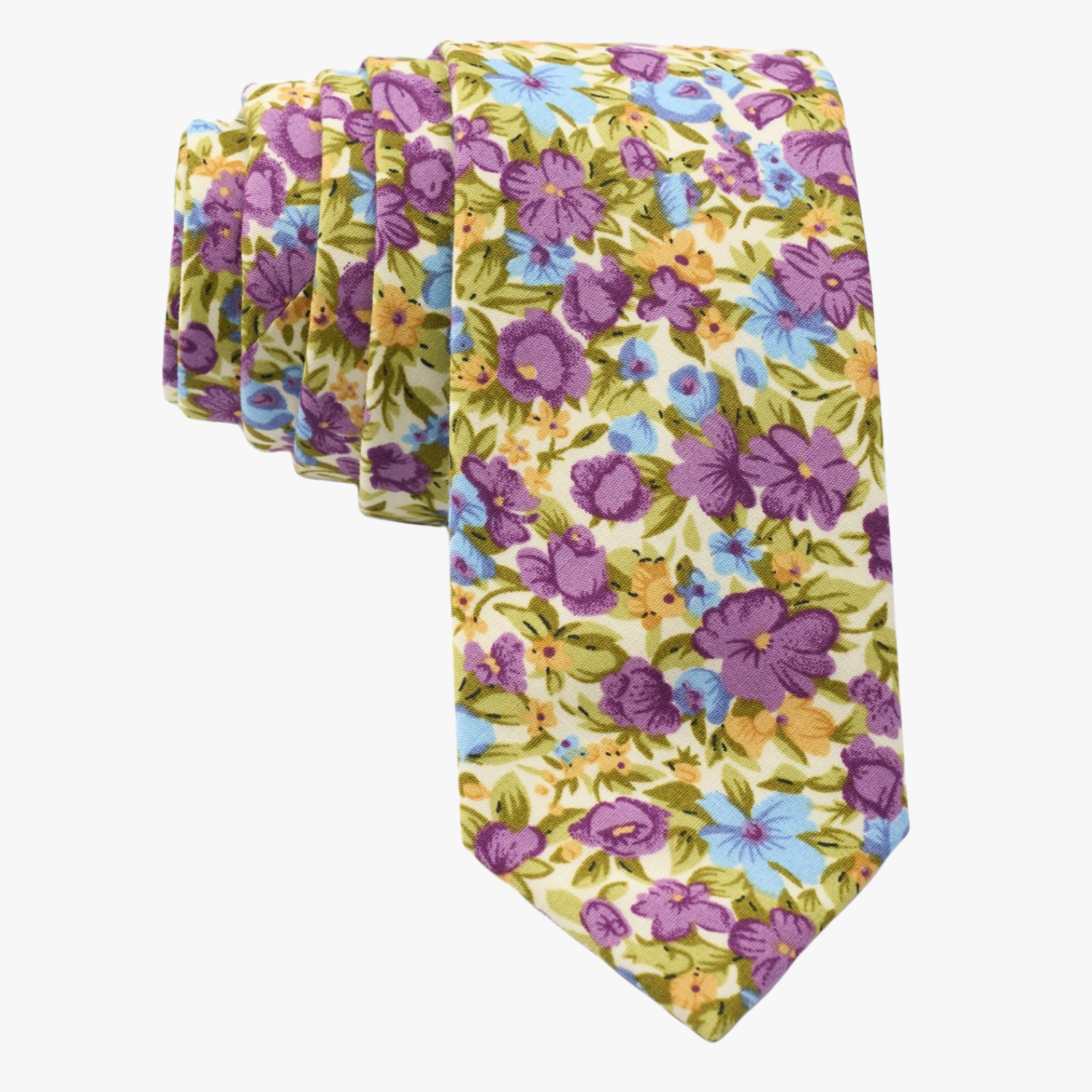 Floral necktie for men with purple flowers, dusty blue petals, yellow spots and pale green leaves on white cotton fabric.