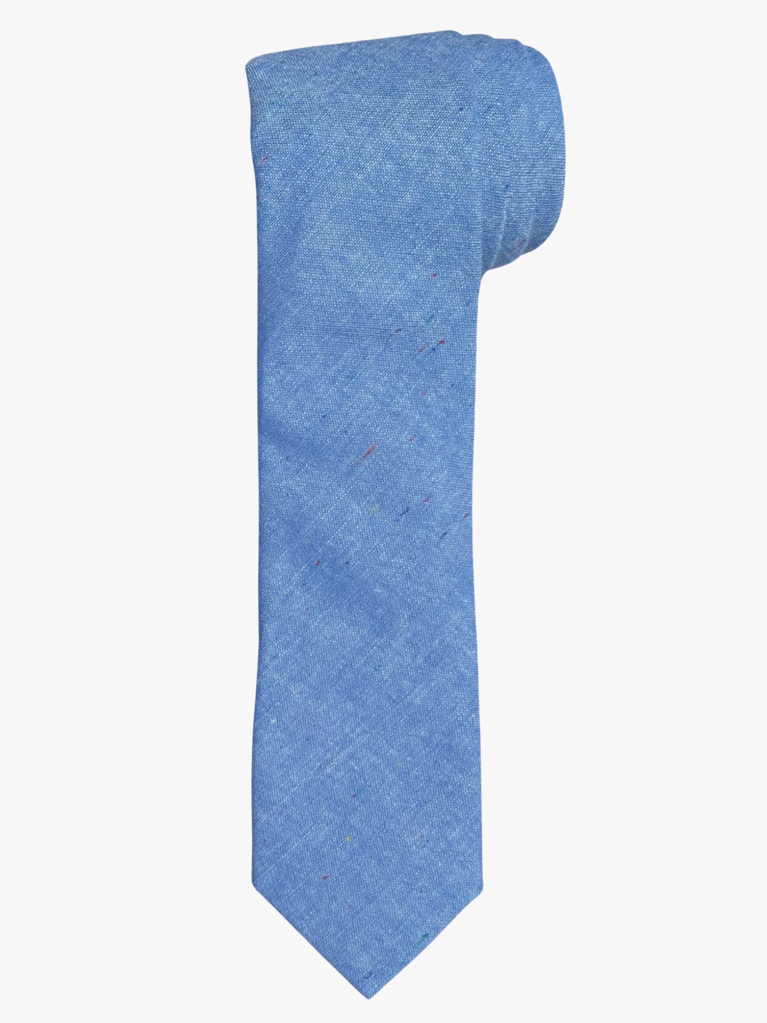 A rolled up unisex pale baby blue solid speckled cotton necktie for teens, missionaries, men, and women.