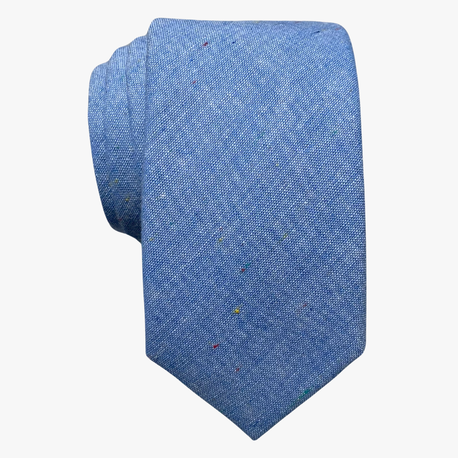 Adult mens cotton solid speckled tie with pale baby blue fabric and spots, dots, or speckles of color, and a soft feel.