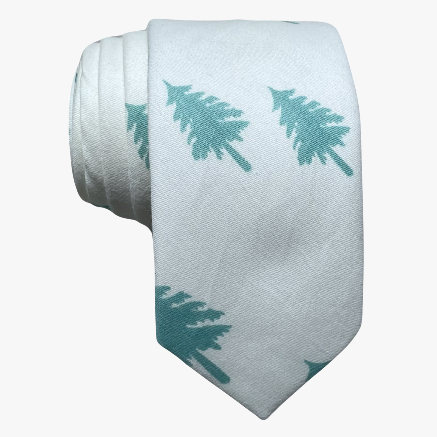 Adult mens cotton Christmas tree tie with pale jade green pine trees on a snowy white background, and a soft feel.