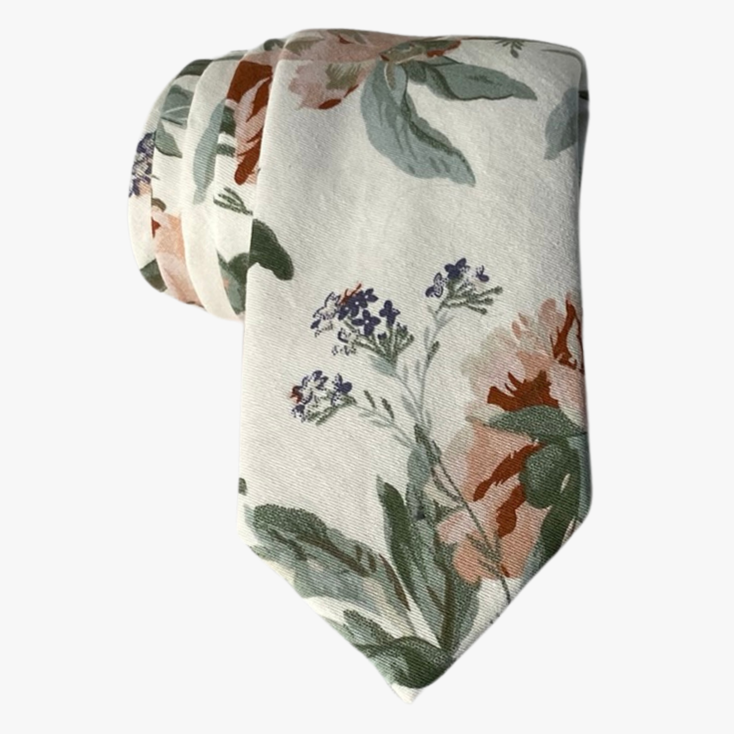 An adult mens off-white cotton tie with pastel floral designs of dusty pink flowers, sage green leaves, and purple accents.