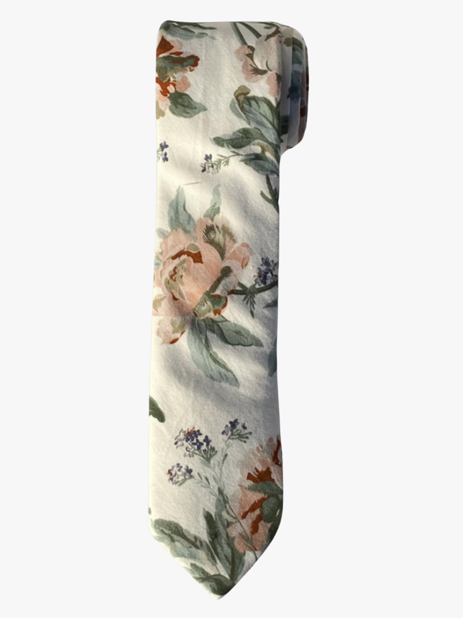 A rolled up unisex offwhite, pale pink, and pastel light green floral cotton necktie for teens, missionaries, men, and women.