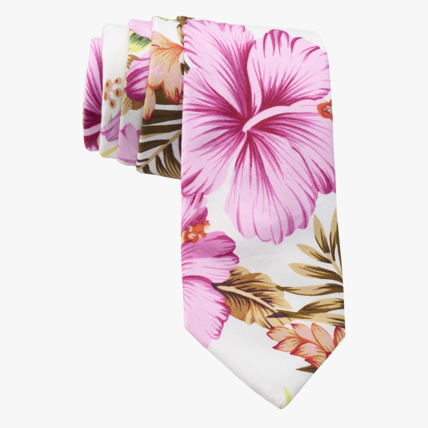 Floral necktie for men with pink hibiscus flowers, Hawaii petals, spots of green and orange, and brown leaves on lite fabric.