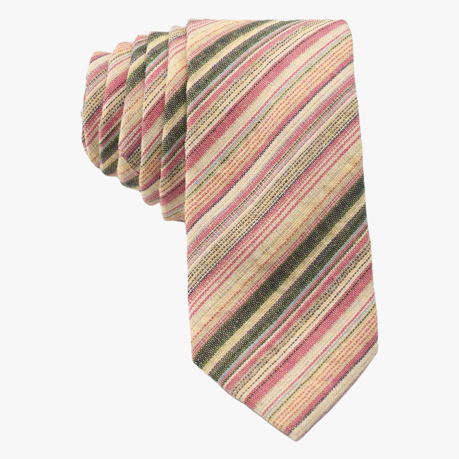 Adult mens striped tie with hot pink stripe, tan yellow lines, dark bars, and colorful diagonal designs for weddings pics.