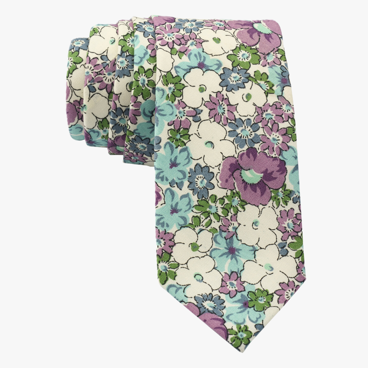 Floral necktie for men with light blue flowers, lavender purple petals, and green blossoms no leaves on white cotton fabric.