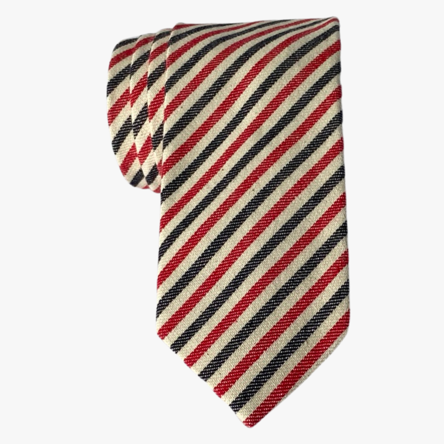 Adult mens striped tie with red stripes, thin navy lines, beige bars, and colorful diagonal designs for zoom meetings.