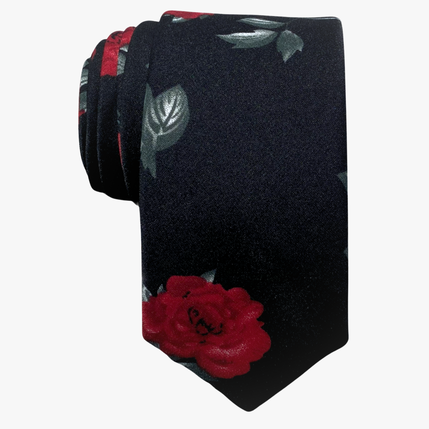 Adult mens cotton Christmas floral tie with red poinsettia flowers, pastel green leaves, and black fabric, and a soft feel.