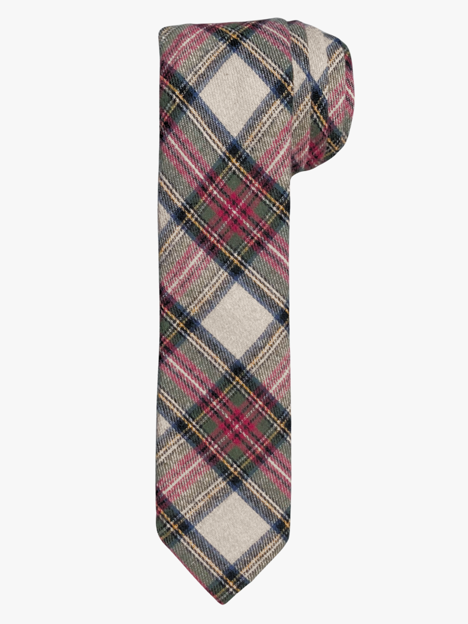 A rolled up unisex red, green, blue, and white plaid cotton necktie for teens, missionaries, men, and women.