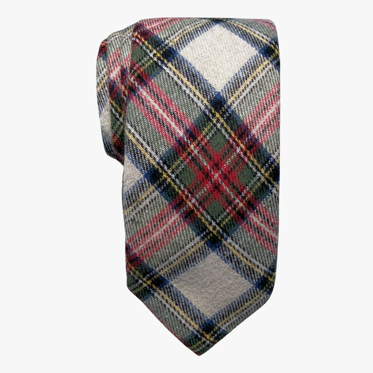 Adult mens cotton plaid tie with tartan designs of red, green, and blue on white fabric, and a soft feel.