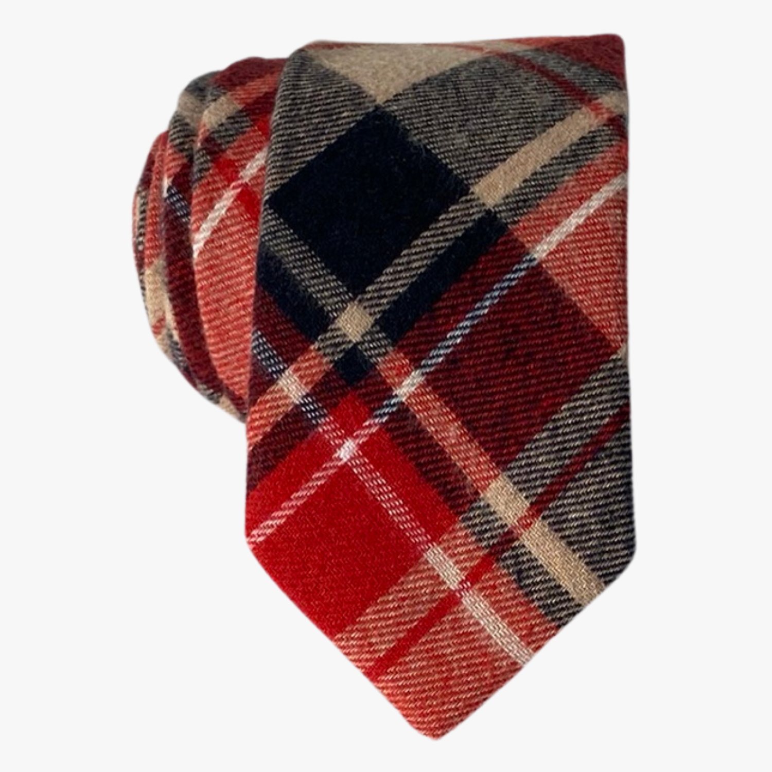 Adult mens cotton plaid tie with red fabric, thin beige lines, navy blue bars, and a Christmas feeling for the holidays.