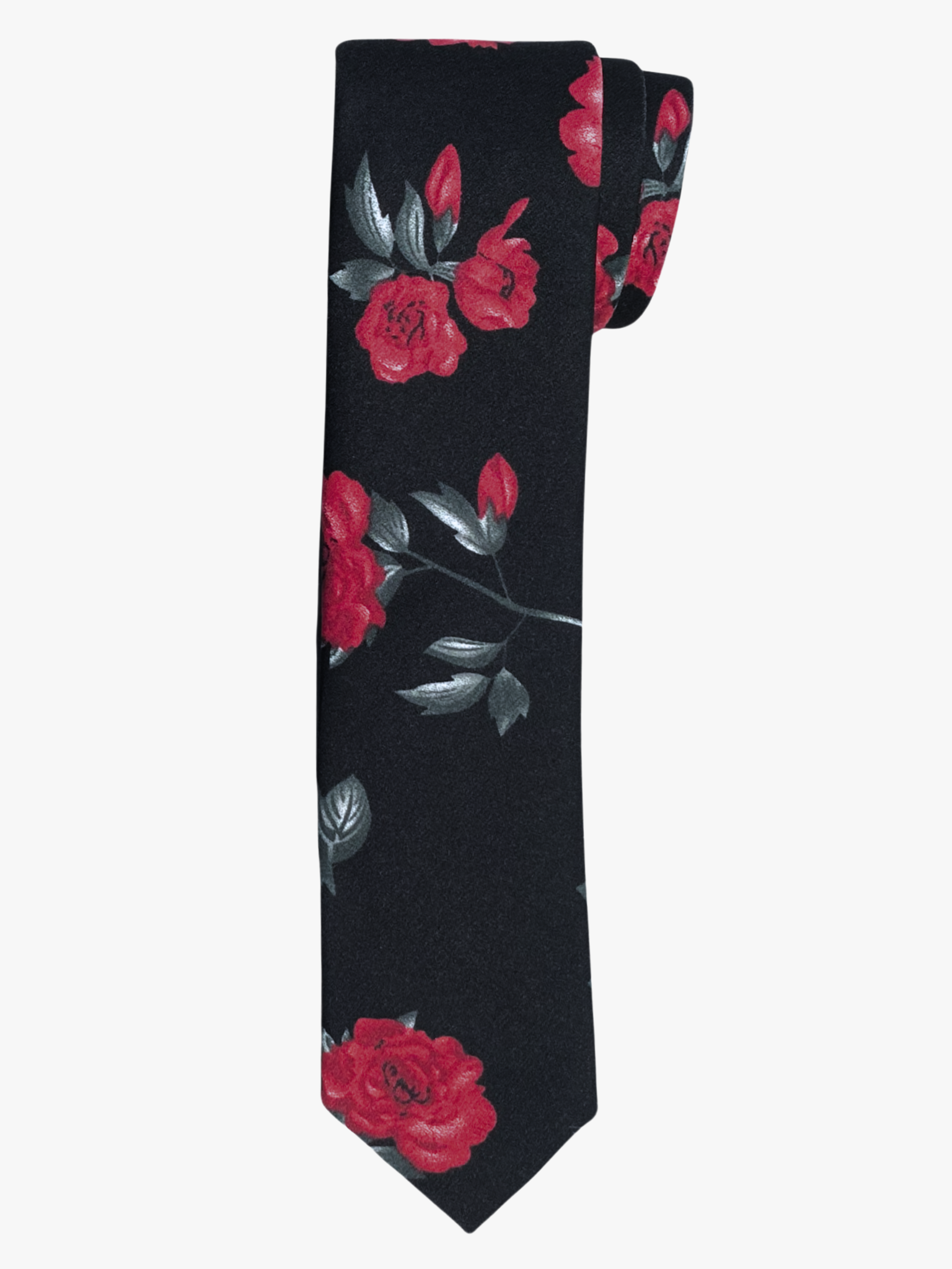 A rolled up unisex red, pastel green, and black Christmas floral cotton necktie for teens, missionaries, men, and women.