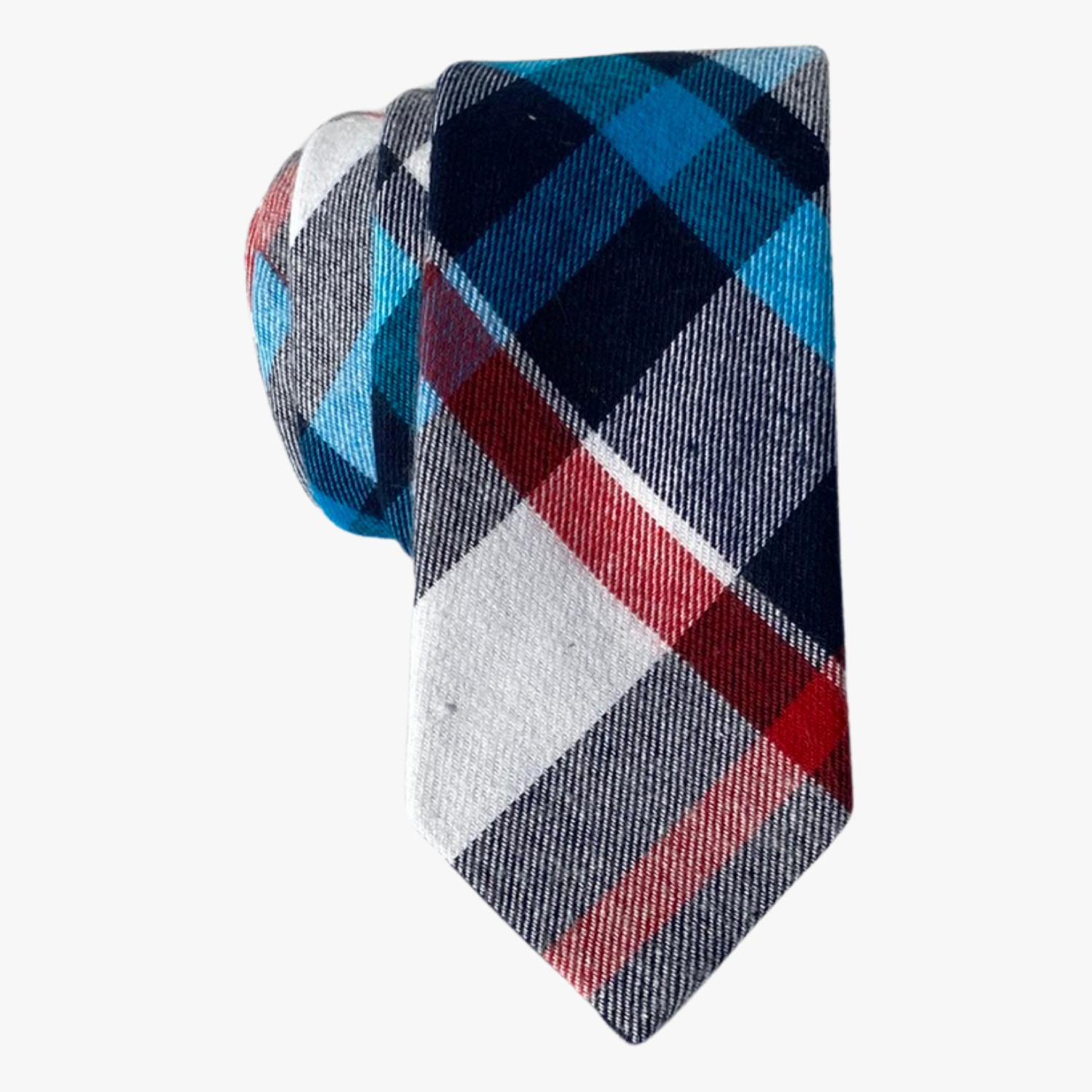 Adult mens cotton plaid tie with white fabric, thin red lines, turquoise bars, and colorful design for winter fashion.