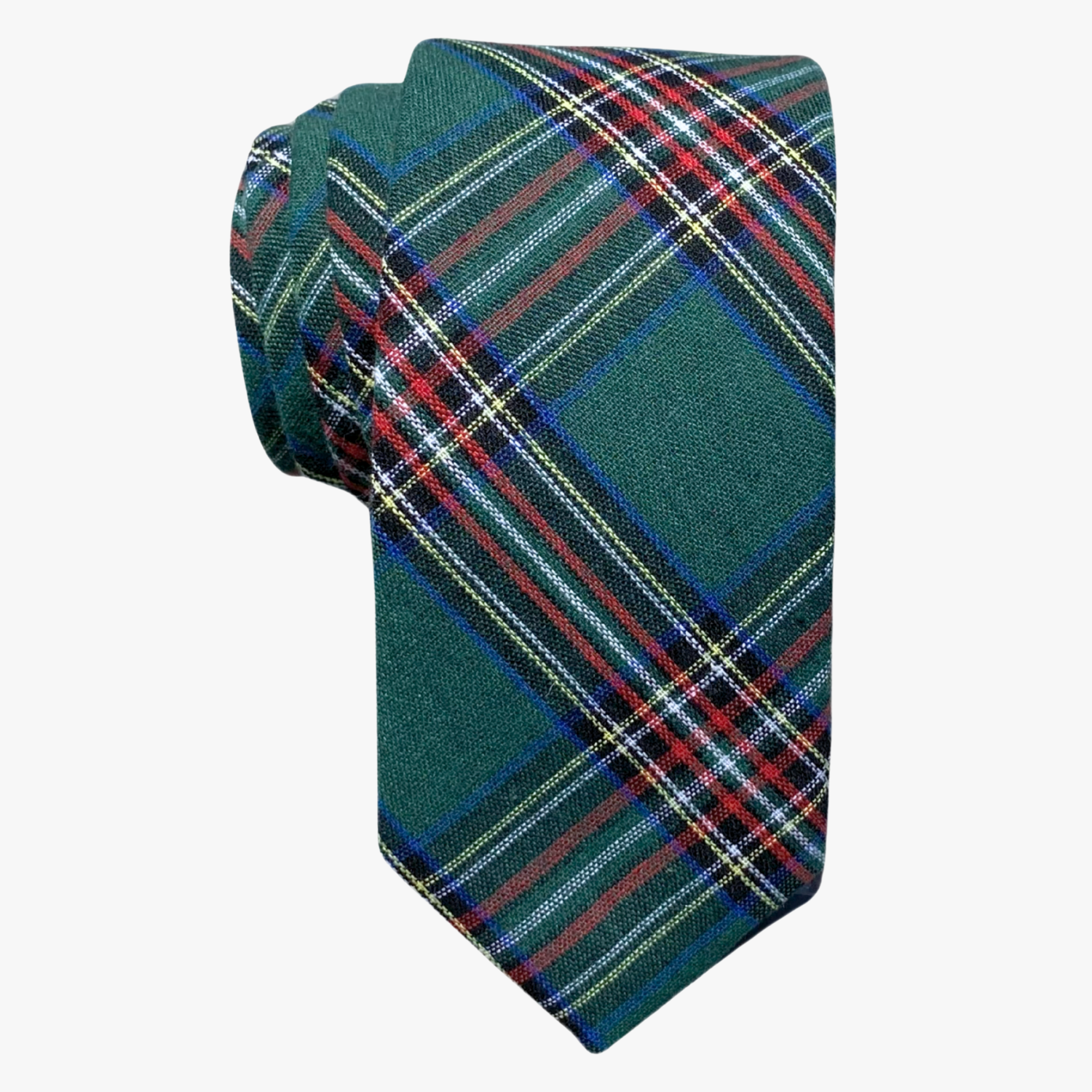 Adult mens cotton plaid tie with tartan designs of red, white, and yellow, on dark green fabric, and a soft feel.