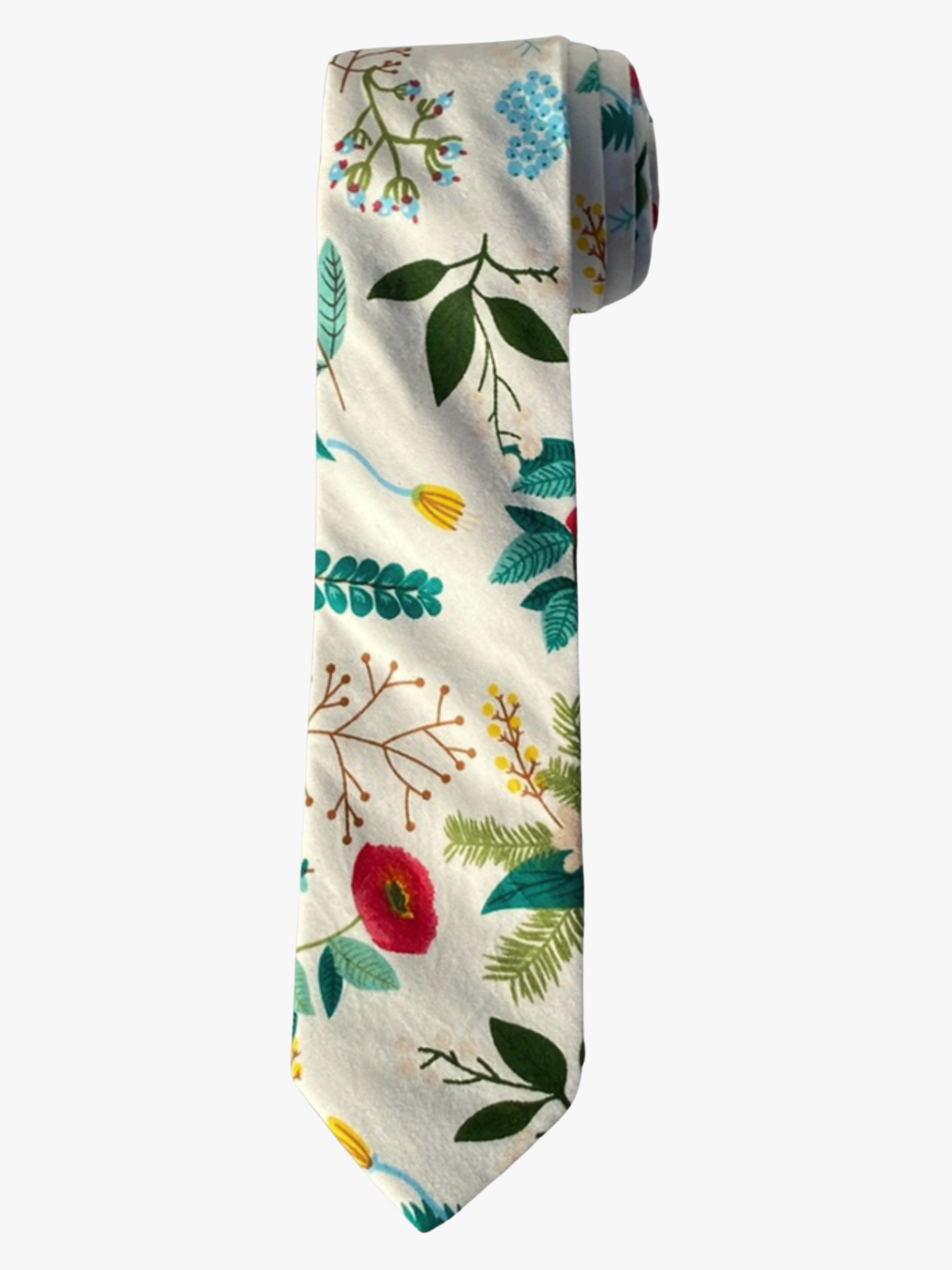 A rolled up unisex white, red, brown, and pale green floral cotton necktie for teens, missionaries, men, and women.