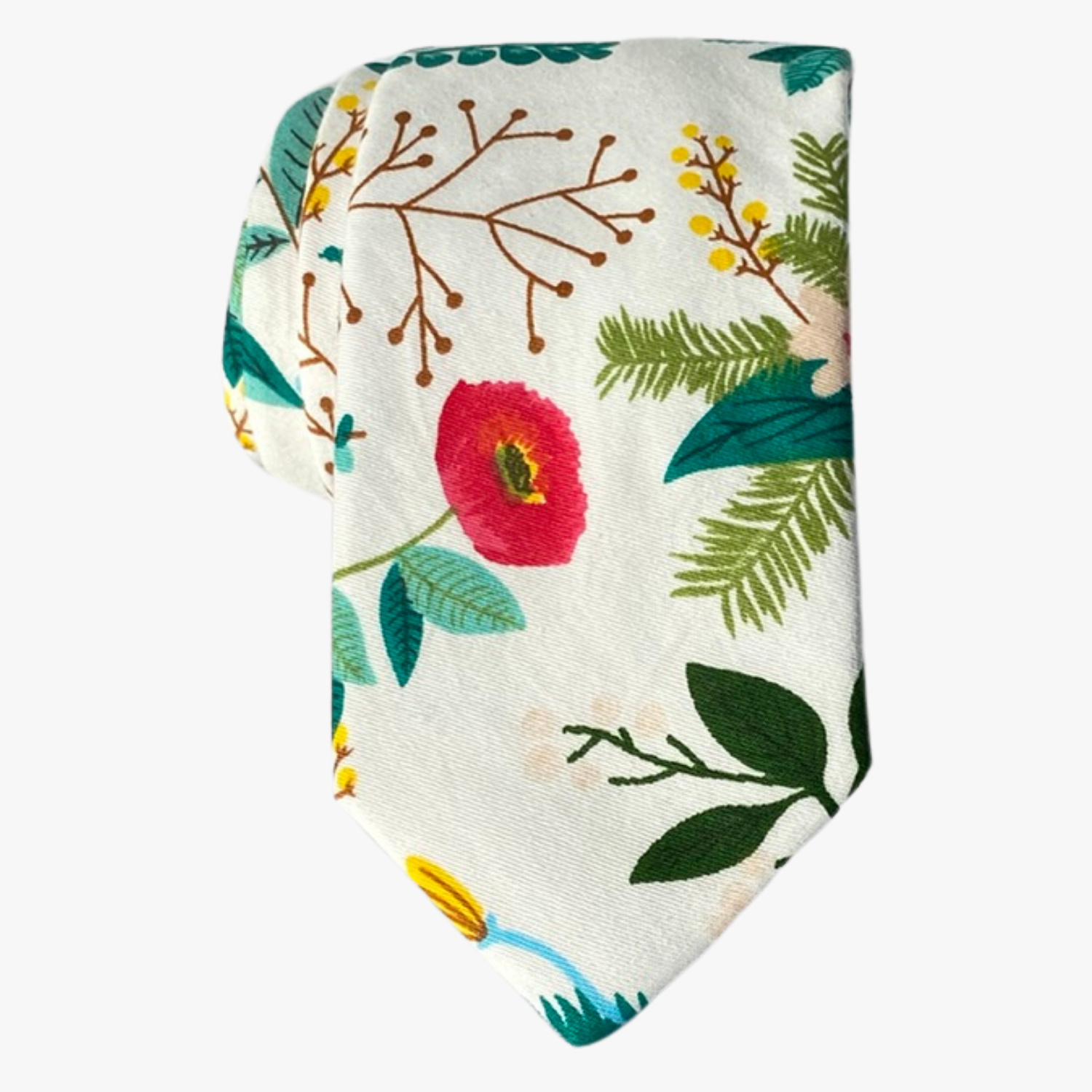 An adult mens white winter tie with artistic red flowers, brown sticks, and multiple shades of green foilage and leaves.