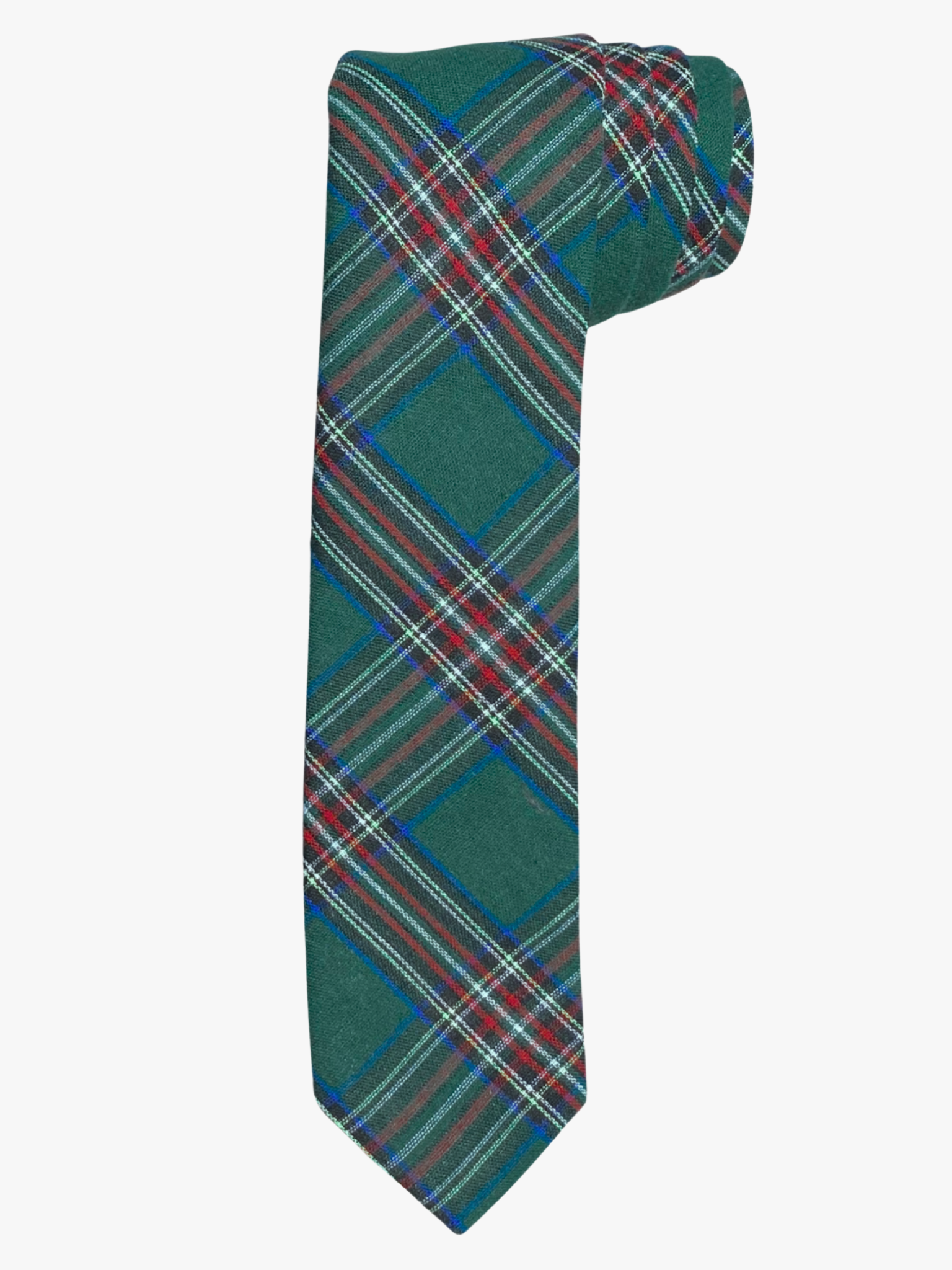 A rolled up unisex red, white, yellow, and dark green plaid cotton necktie for teens, missionaries, men, and women.