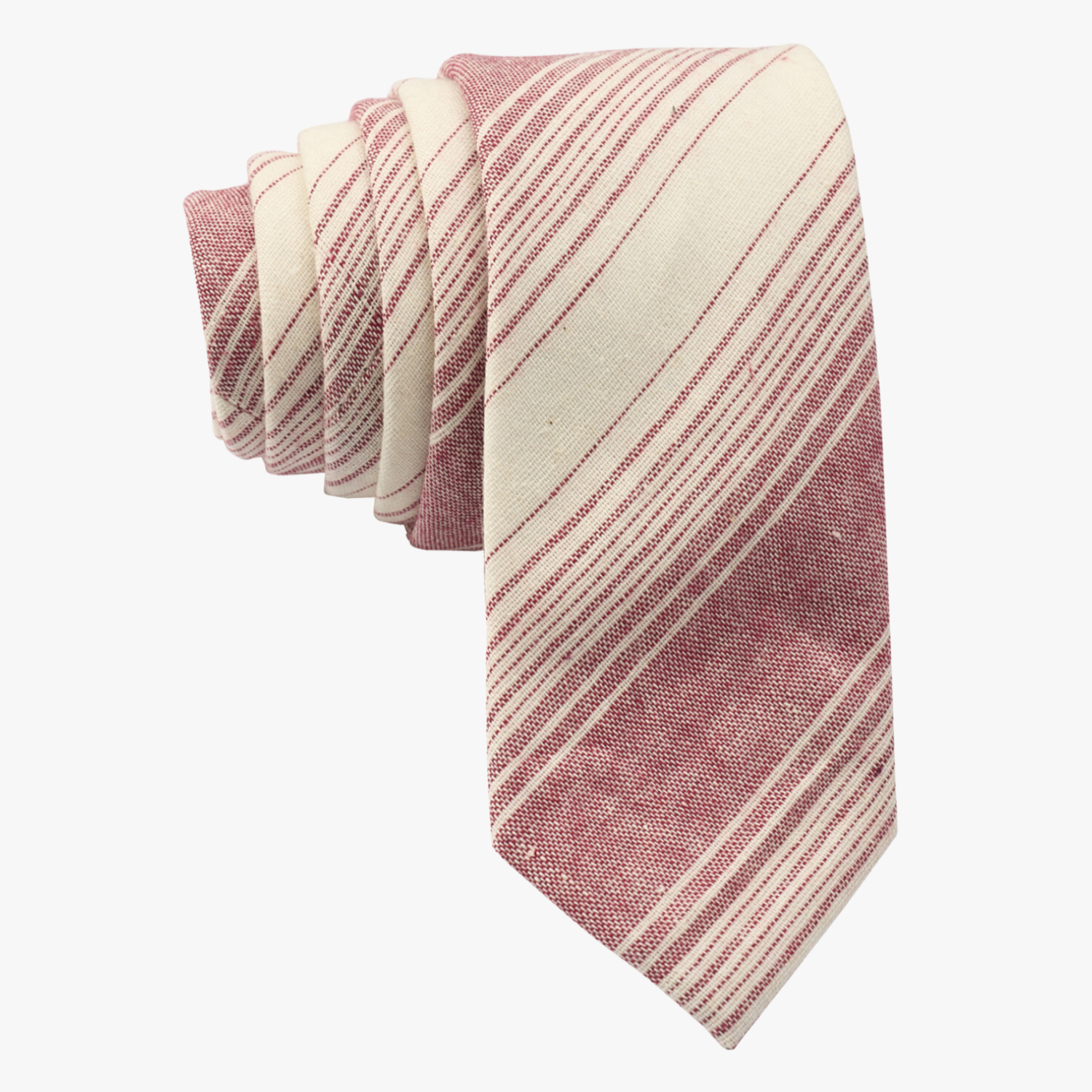 Adult mens striped tie with varying crimson red stripe, thin beige cream lines,  and colorful diagonal designs for coaches.