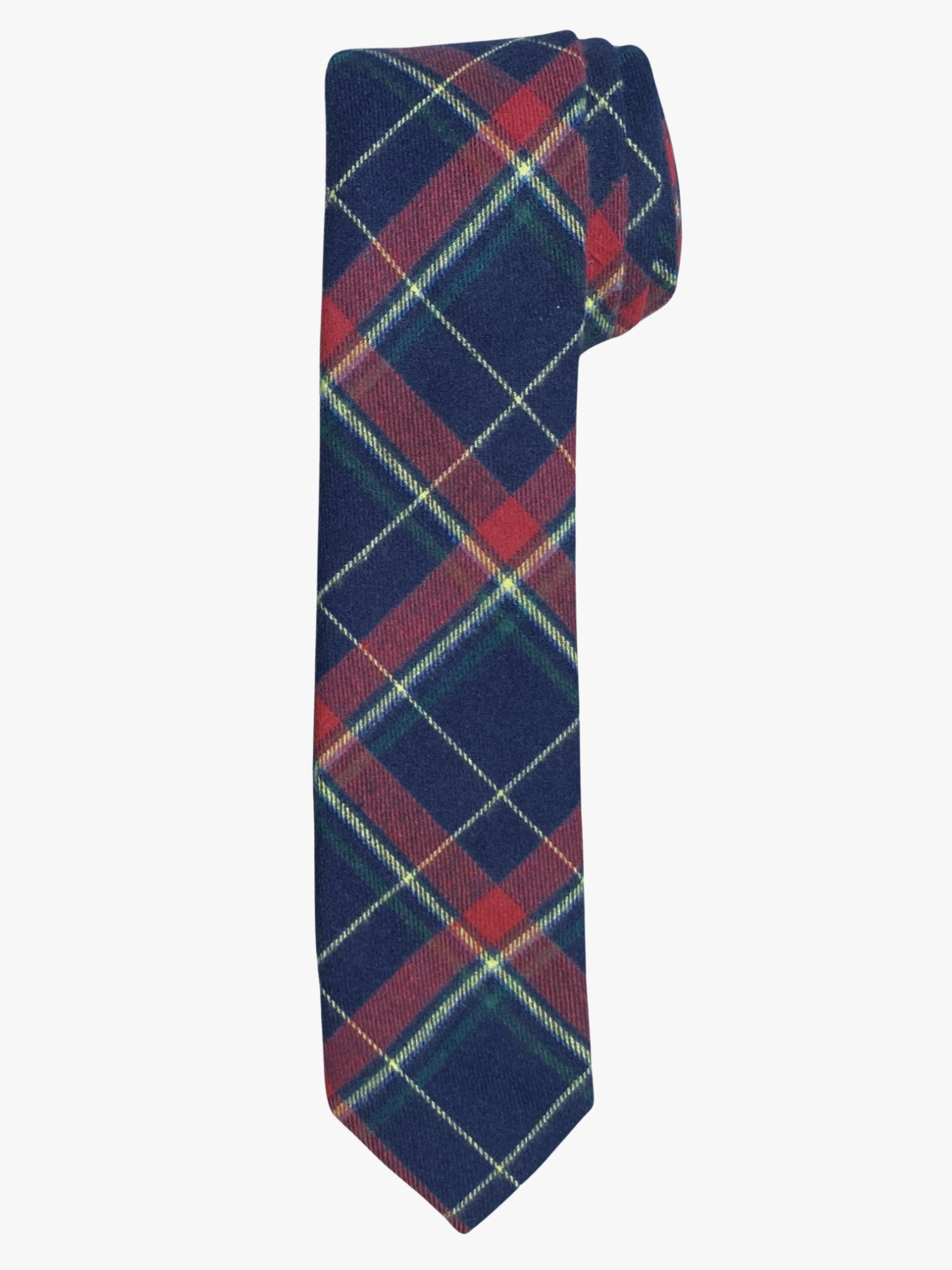 A rolled up unisex red, yellow, green, and navy blue plaid cotton necktie for teens, missionaries, men, and women.