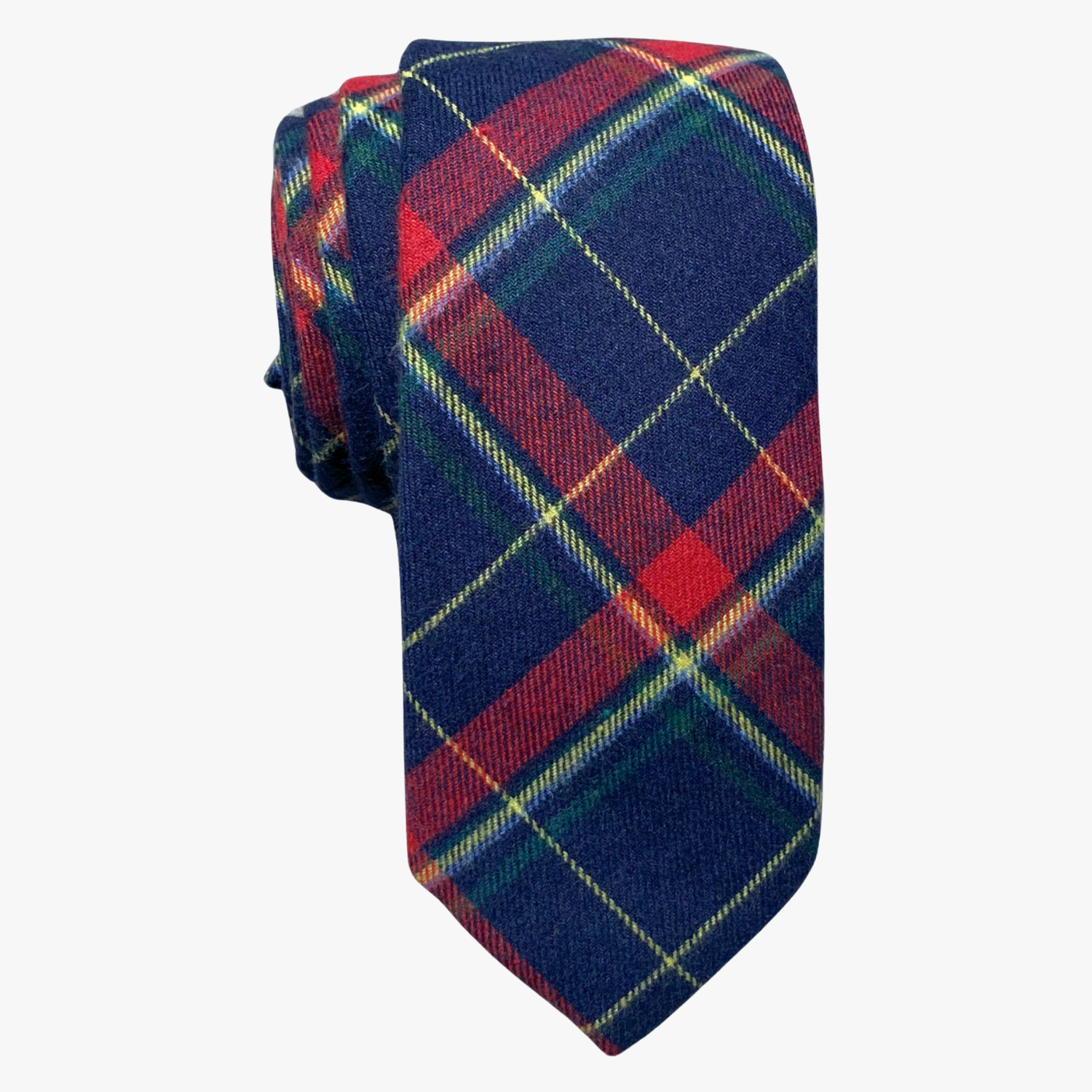 Adult mens cotton plaid tie with tartan designs of red, yellow, and green on navy blue fabric, and a soft feel.