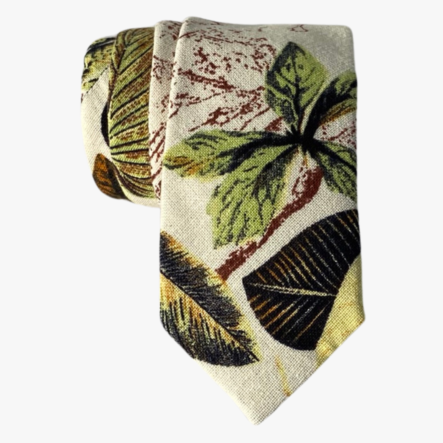 A retro beige floral tie with large yellow and green leaves accented with artistic brown patterns on a woven cotton fabric.