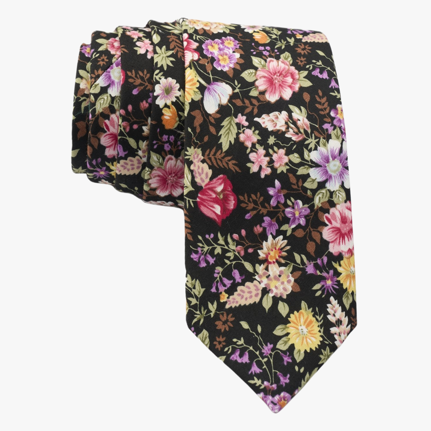 Floral necktie for men with pink flowers, yellow petals, wisteria purple blossoms and brown leaves on black cotton fabric.