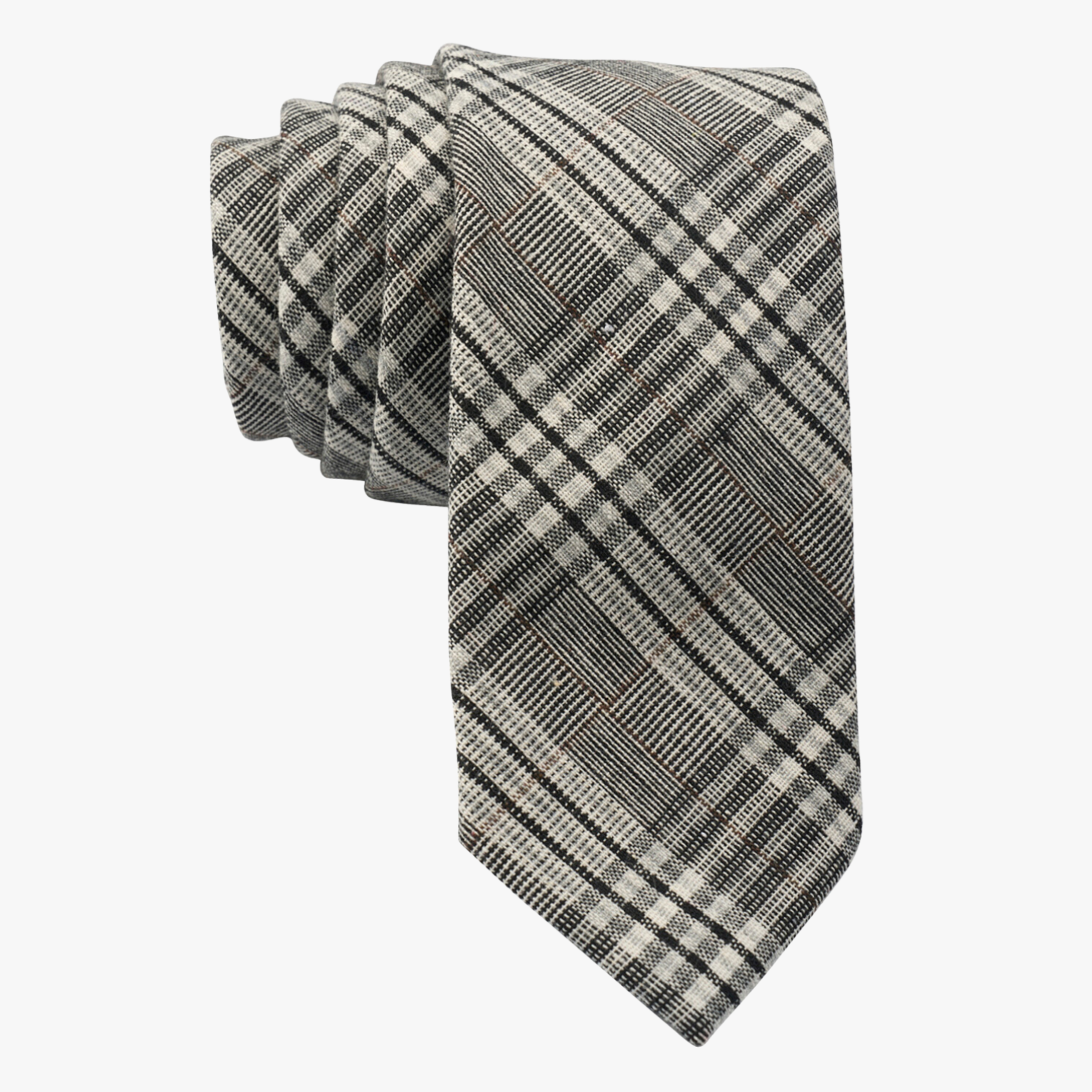 Adult mens striped tie with black plaid pattern with light gray stripes, diagonal white bars, brown and criss cross designs.
