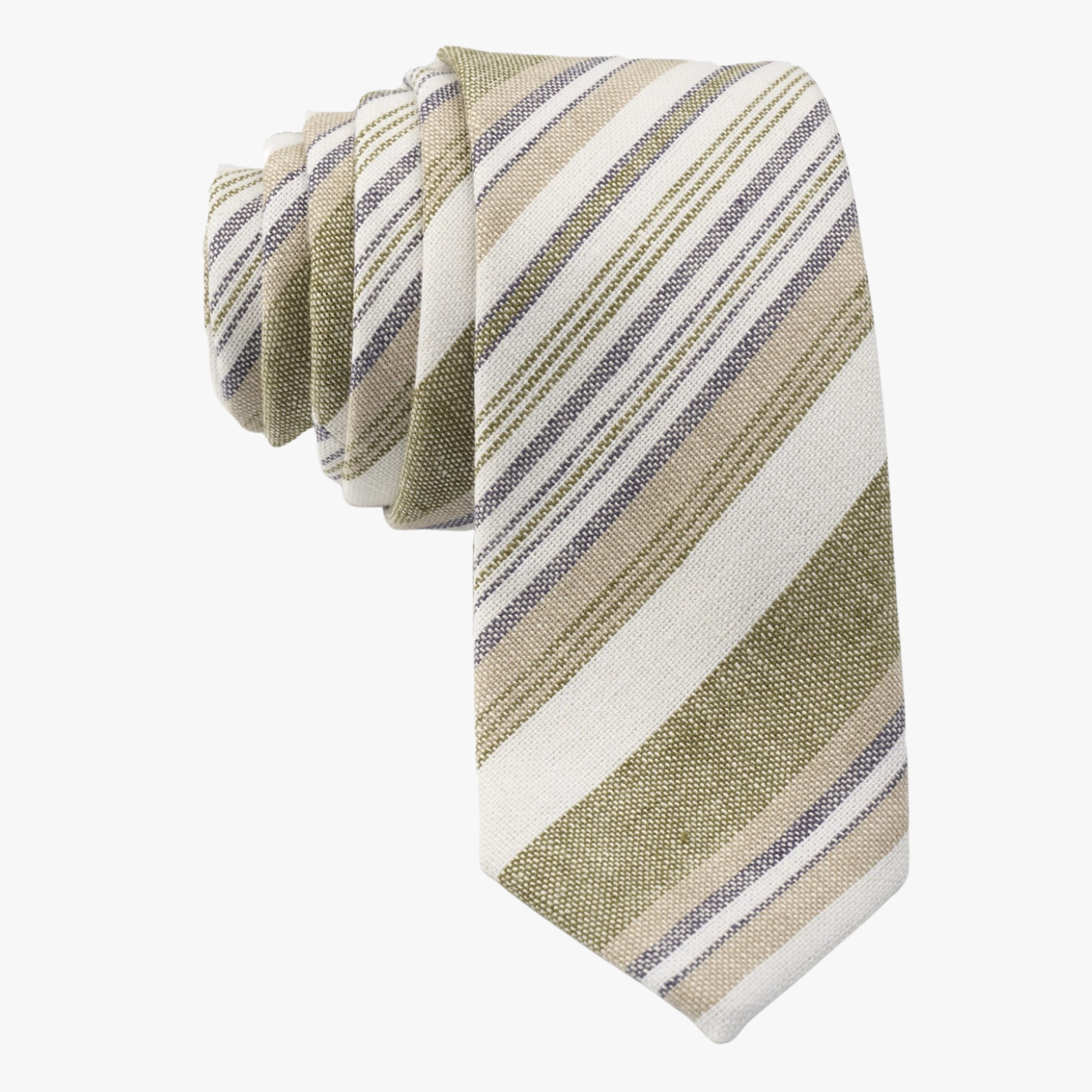 Adult mens striped tie with thin gold stripe, thick tan lines, white bars, and colorful diagonal designs for family photos.