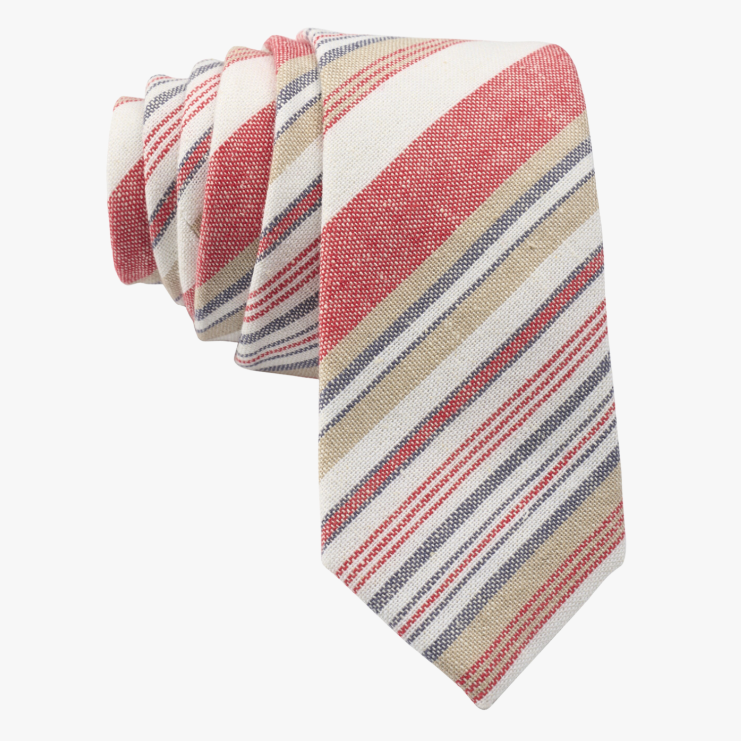 A man wearing a striped tie with blood red stripe, white lines, gold bars and diagonal designs, and diagonal designs.