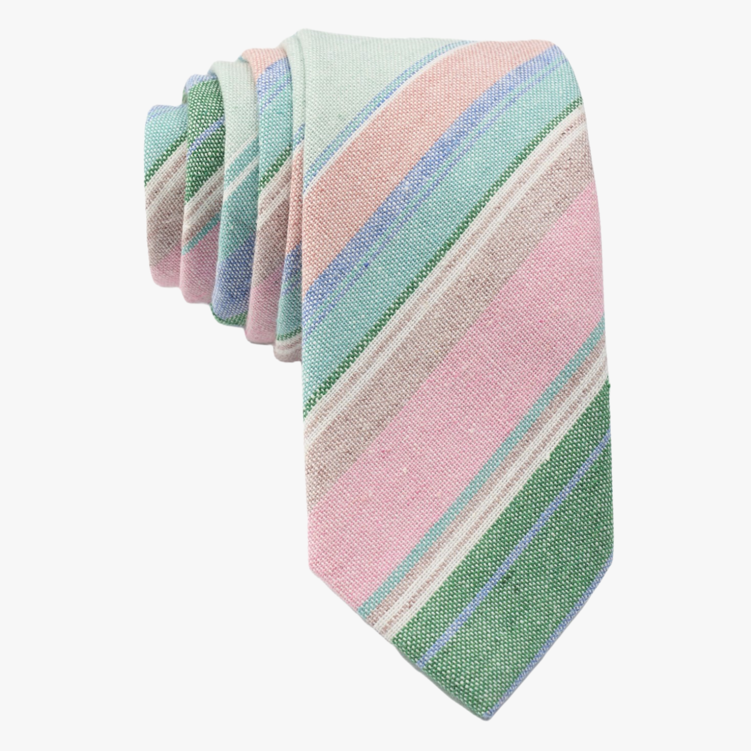 Adult mens striped tie with light pink stripe, baby blue lines, dark green bars, and colorful diagonal designs for daily use.