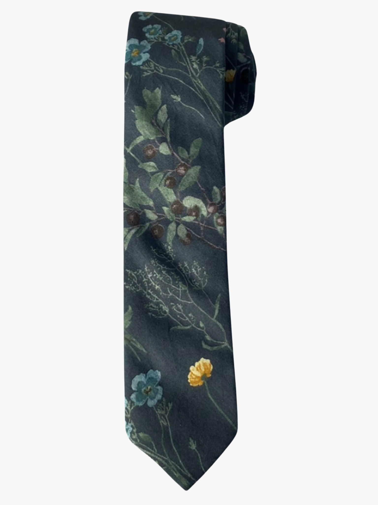 A rolled up slate gray, turquoise, teal, pink, and green floral cotton necktie for teens, missionaries, men, and women.