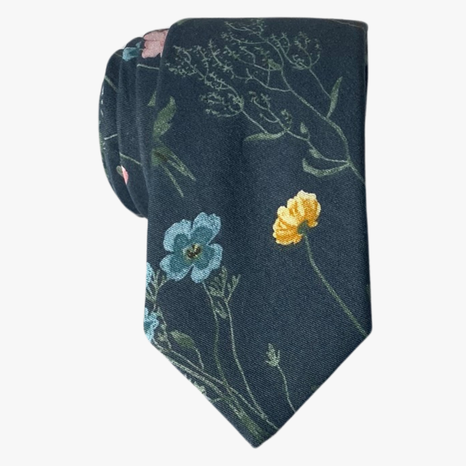 An adult artistic gray floral tie with subtle turquoise, teal, pink, and yellow flowers with long green stems.