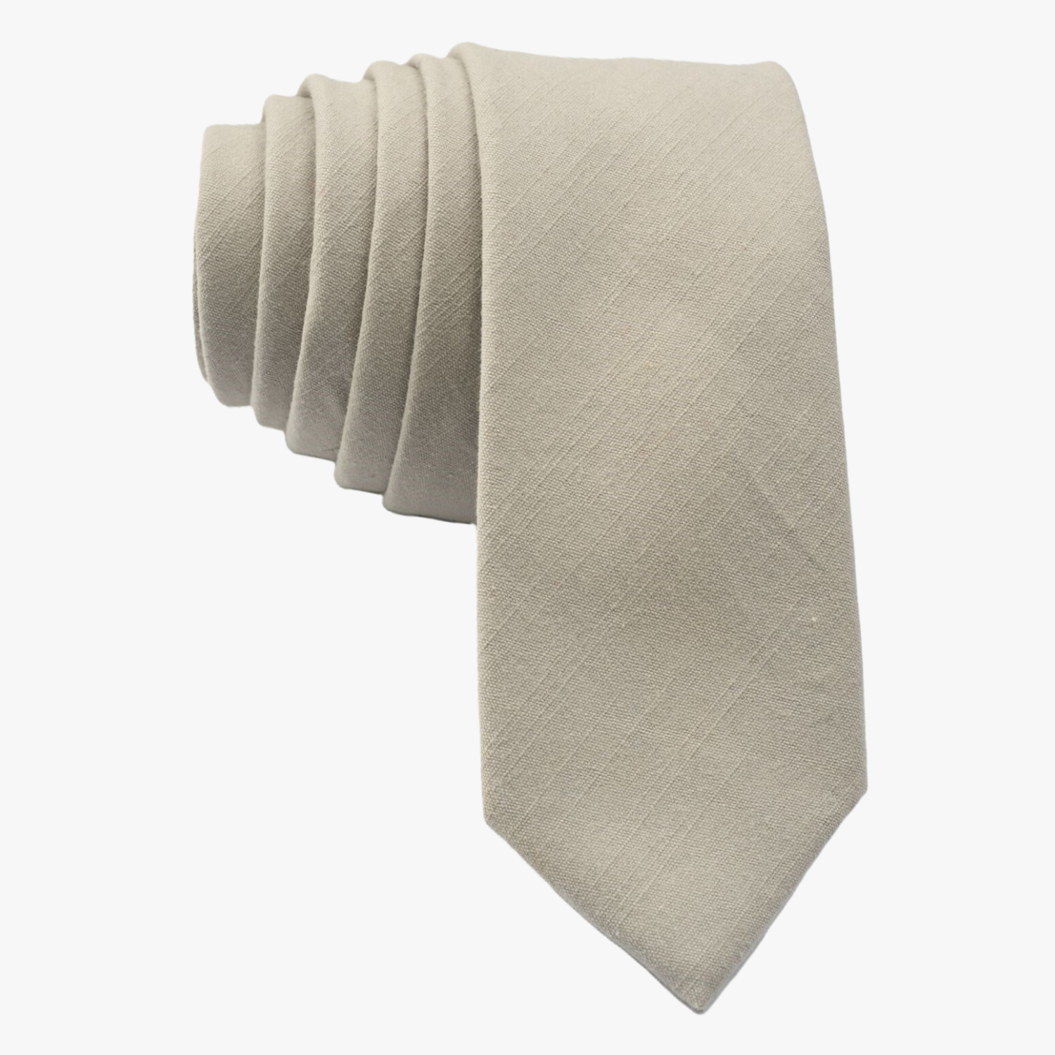 Full sized simple cotton tie for men, women, and boys. The color is a netural very light brown or sandy tan/gray color. 