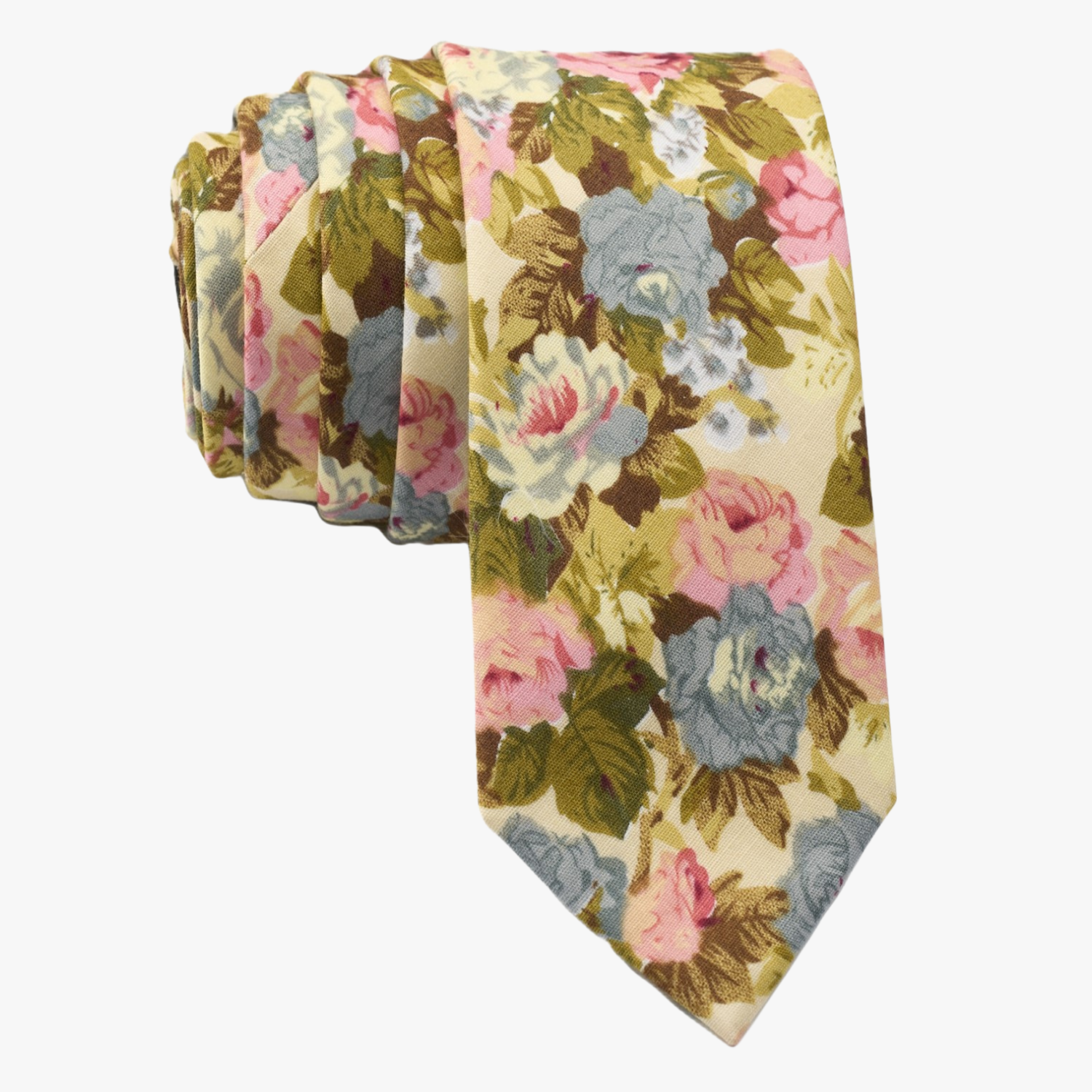 Pastel floral necktie for men with light pink flowers, dusty blue petals, blossoms and green leaves on beige cotton fabric.