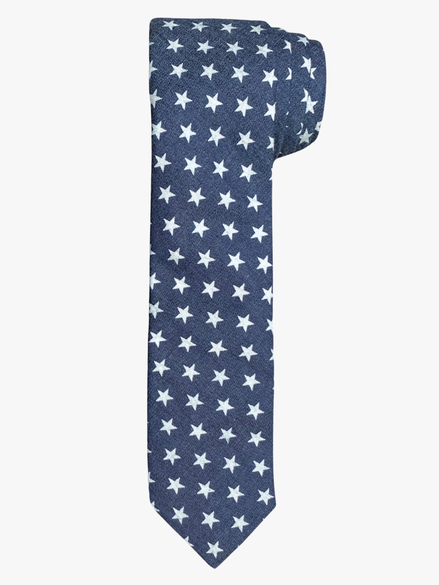 A rolled up unisex white and navy blue USA stars cotton necktie for teens, adults, men, and women.