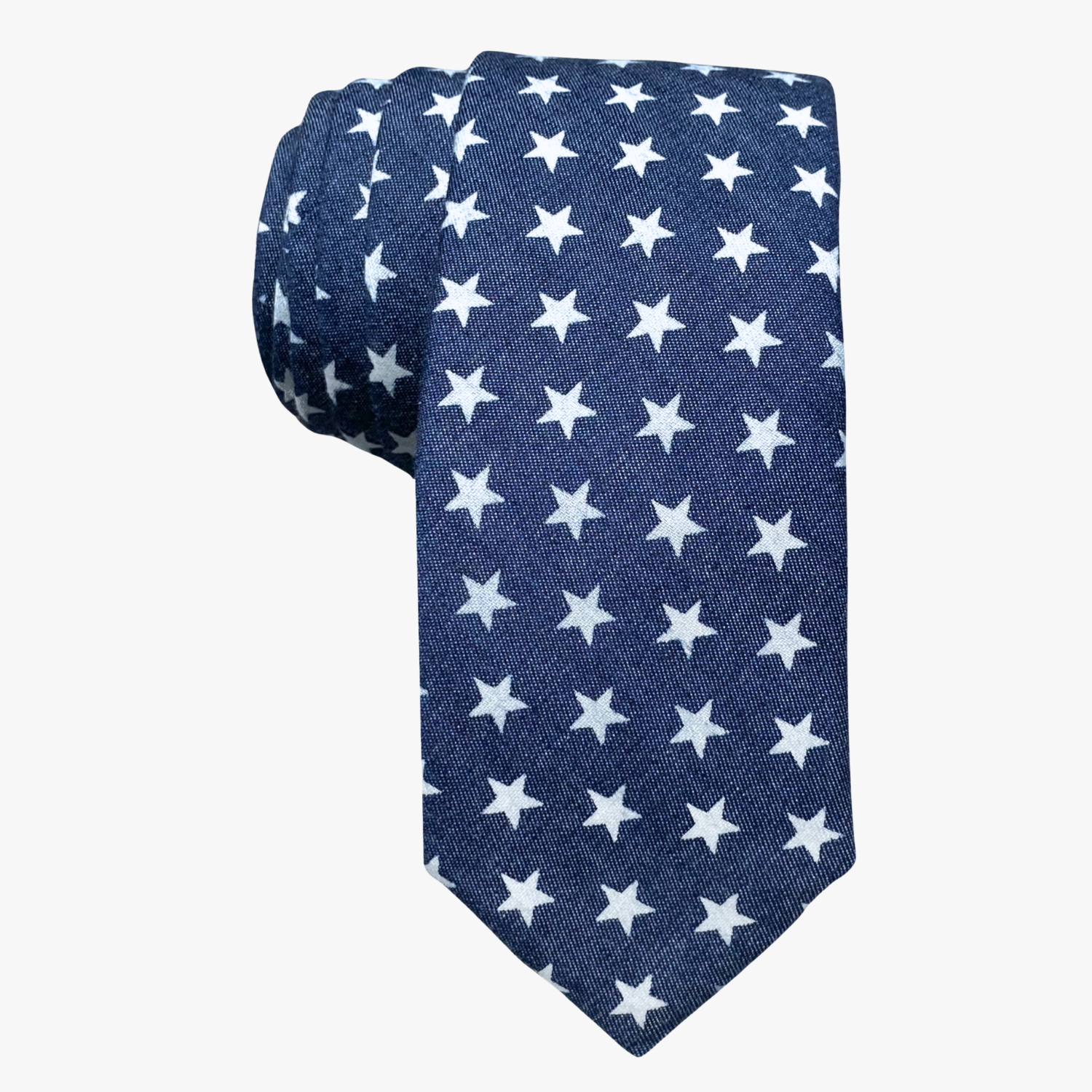 Adult mens cotton USA stars tie with white American flag stars on a navy blue fabric, and a soft feel.