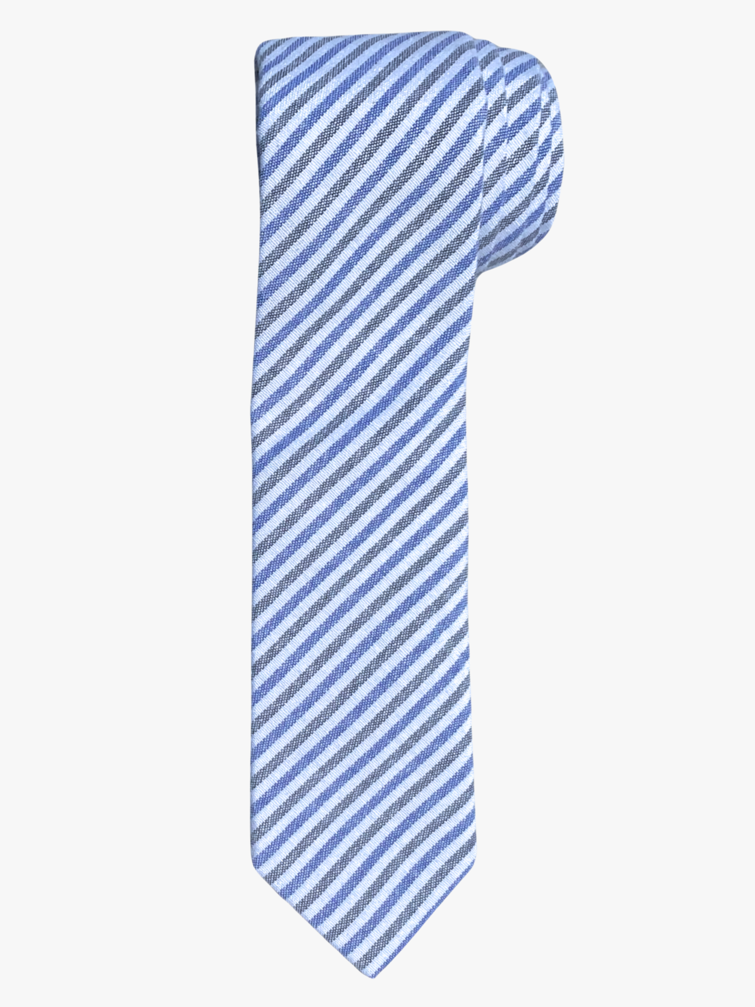 A rolled up unisex white, blue, and gray striped cotton necktie for teens, missionaries, men, and women.